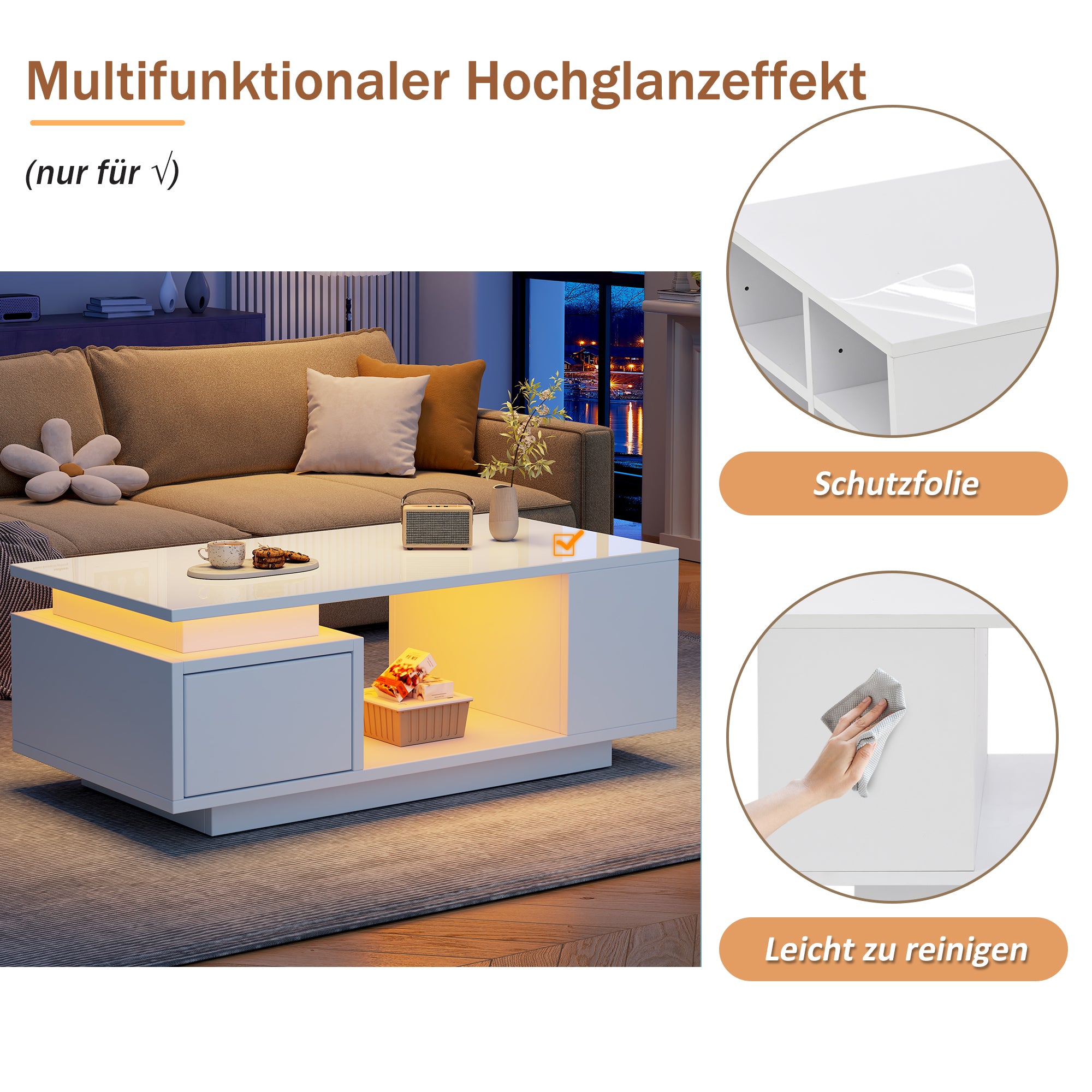 Coffee Table 100x50x36cm High-Gloss LED Side Table with Drawer and Storage White