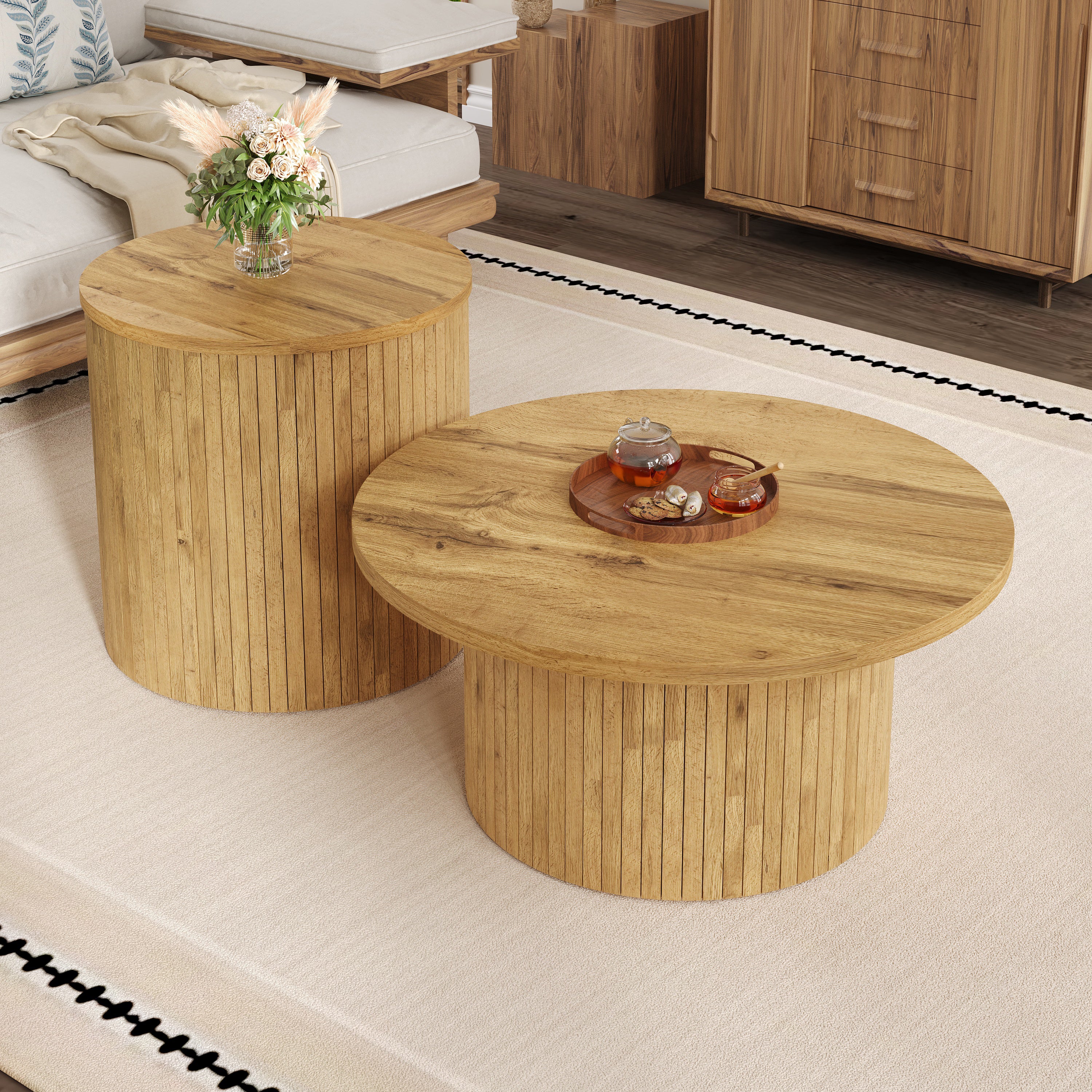 Coffee Table Double Round Slats Multifunctional - Natural Wood