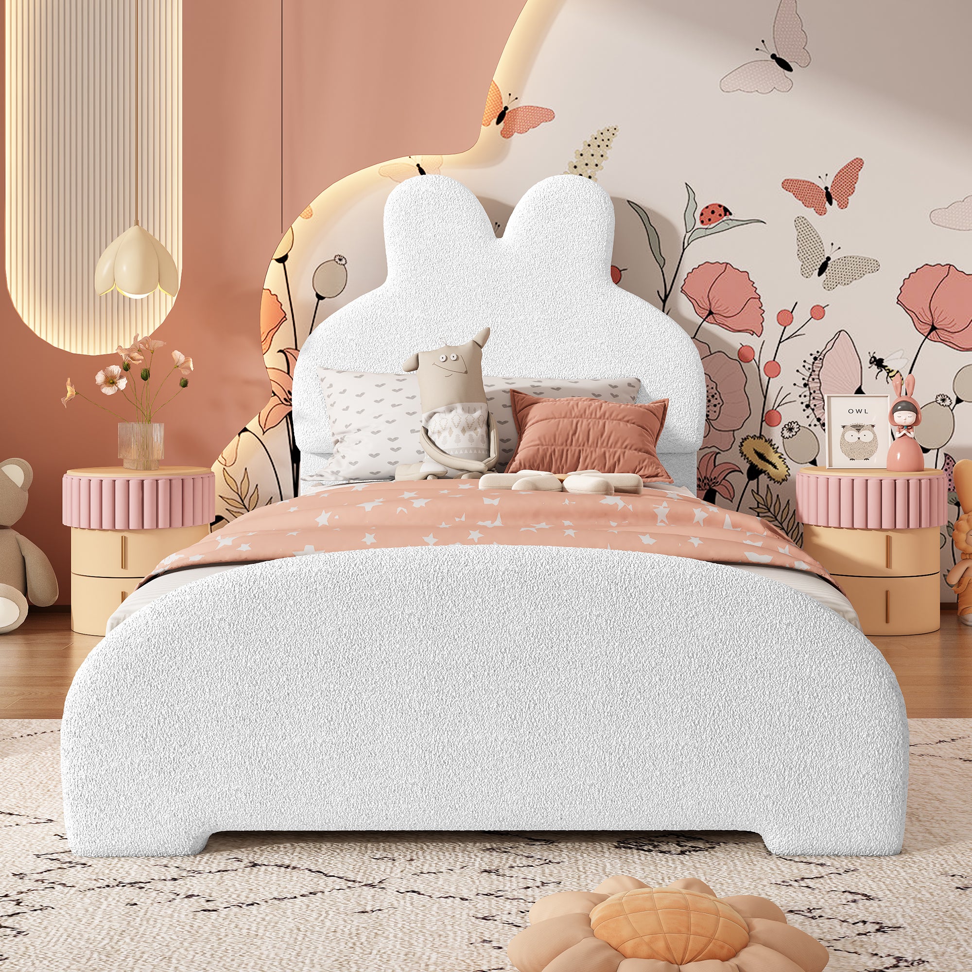 Single Bed Upholstered, Rabbit Ear Headboard, Imitation Fleece, White