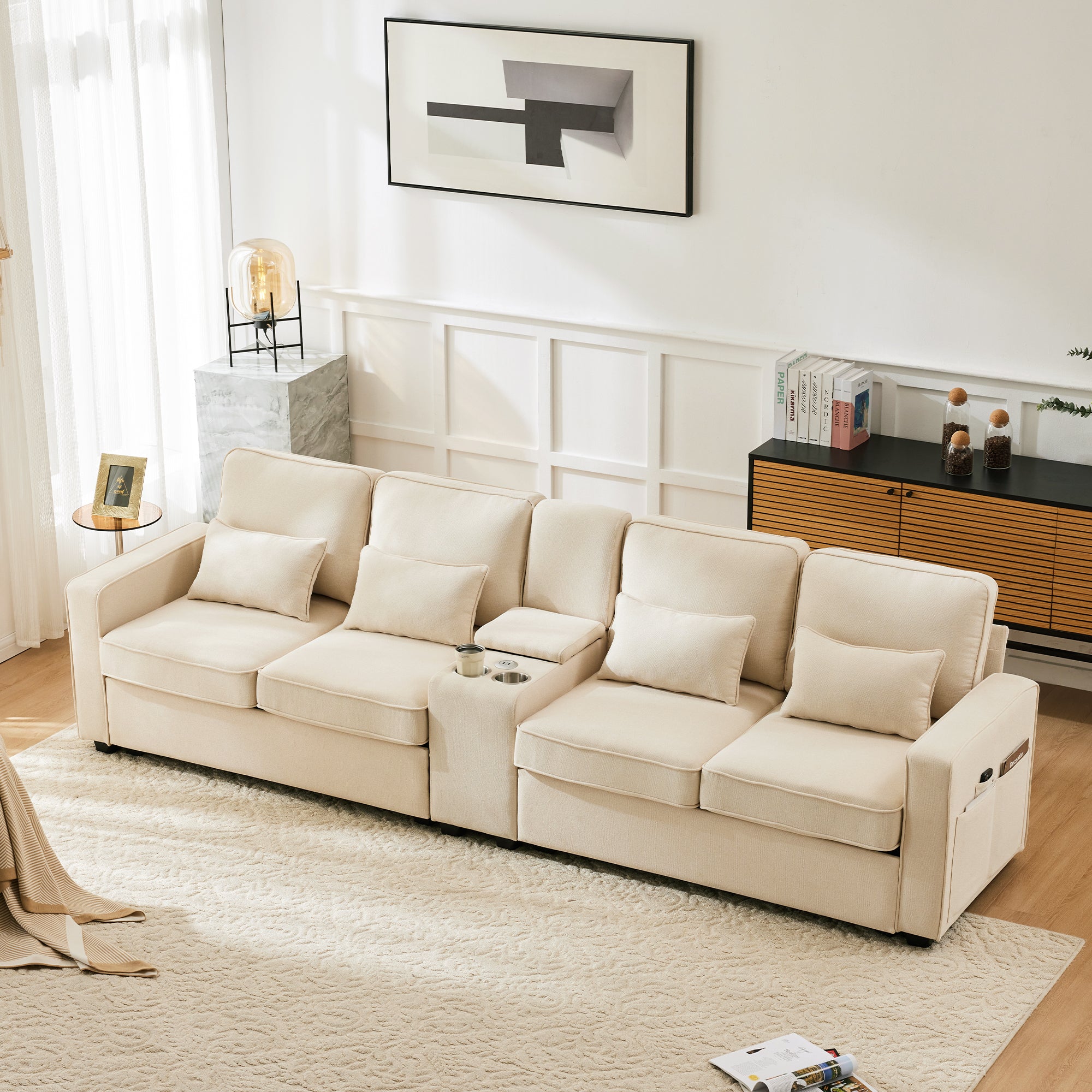 Sofa, 4-Seater with Console, Cup Holders, USB Ports, Linen Fabric