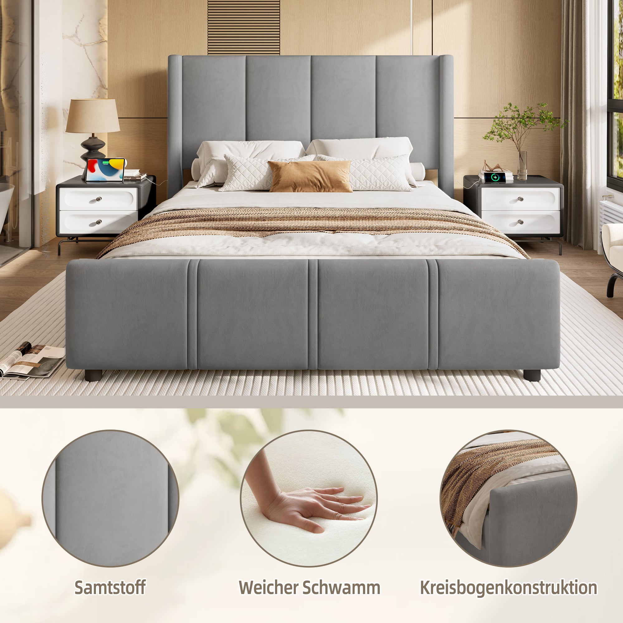 Upholstered Bed Frame, 140x190cm High Headboard & Footboard with USB Port, Grey