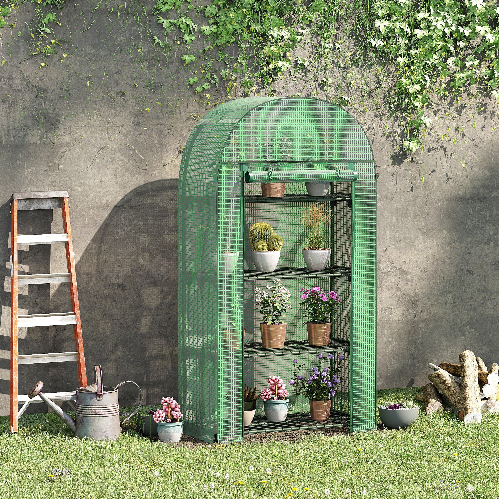 4 Tier Mini Greenhouse, Portable with Storage Shelf and Roll-Up Zipped Door, Green PE Cover