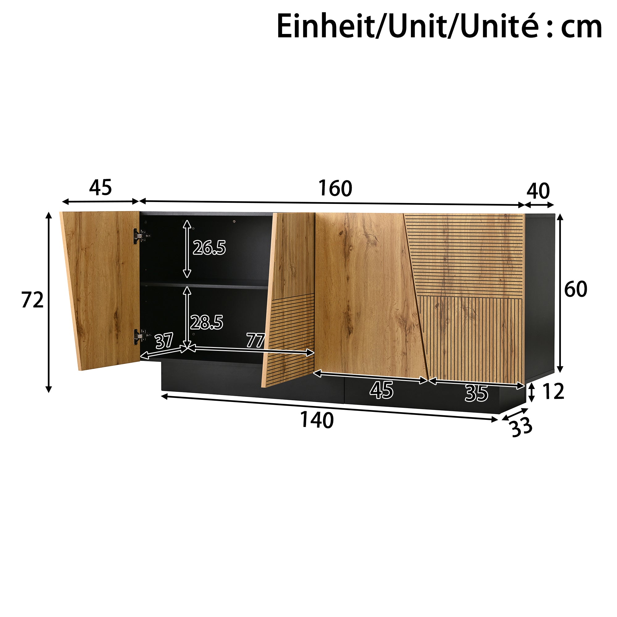 Sideboard 160cm Ample Storage Geometric Design Adjustable Shelf Black/Wood Particleboard