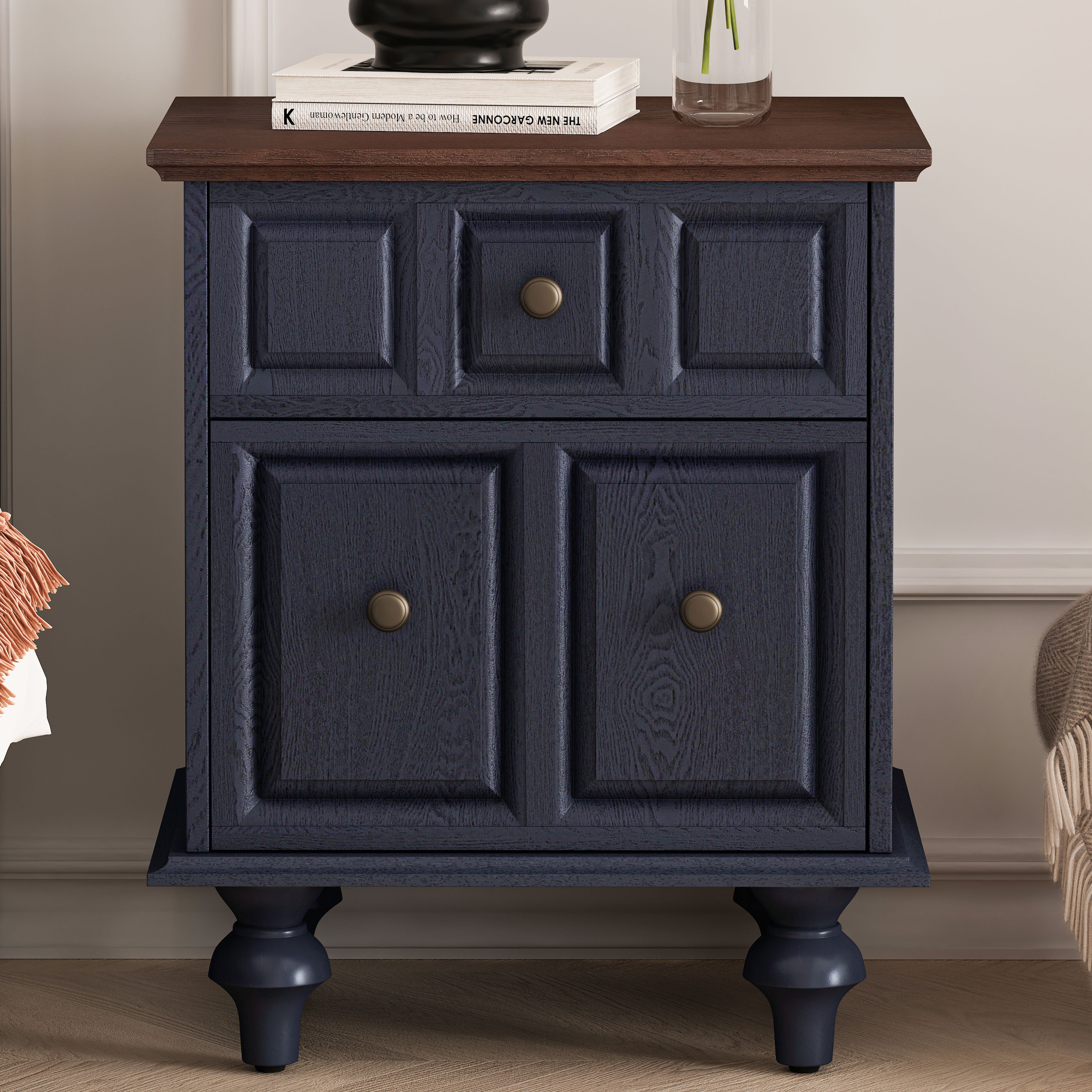 Vintage Bedside Table 52CM with 2 Drawers Roman Column Legs Solid Wood Dark Blue