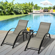 3 Pieces Sun Lounger Chair Set, Outdoor Recliner with Side Table and Armrest, Metal Frame, Grey