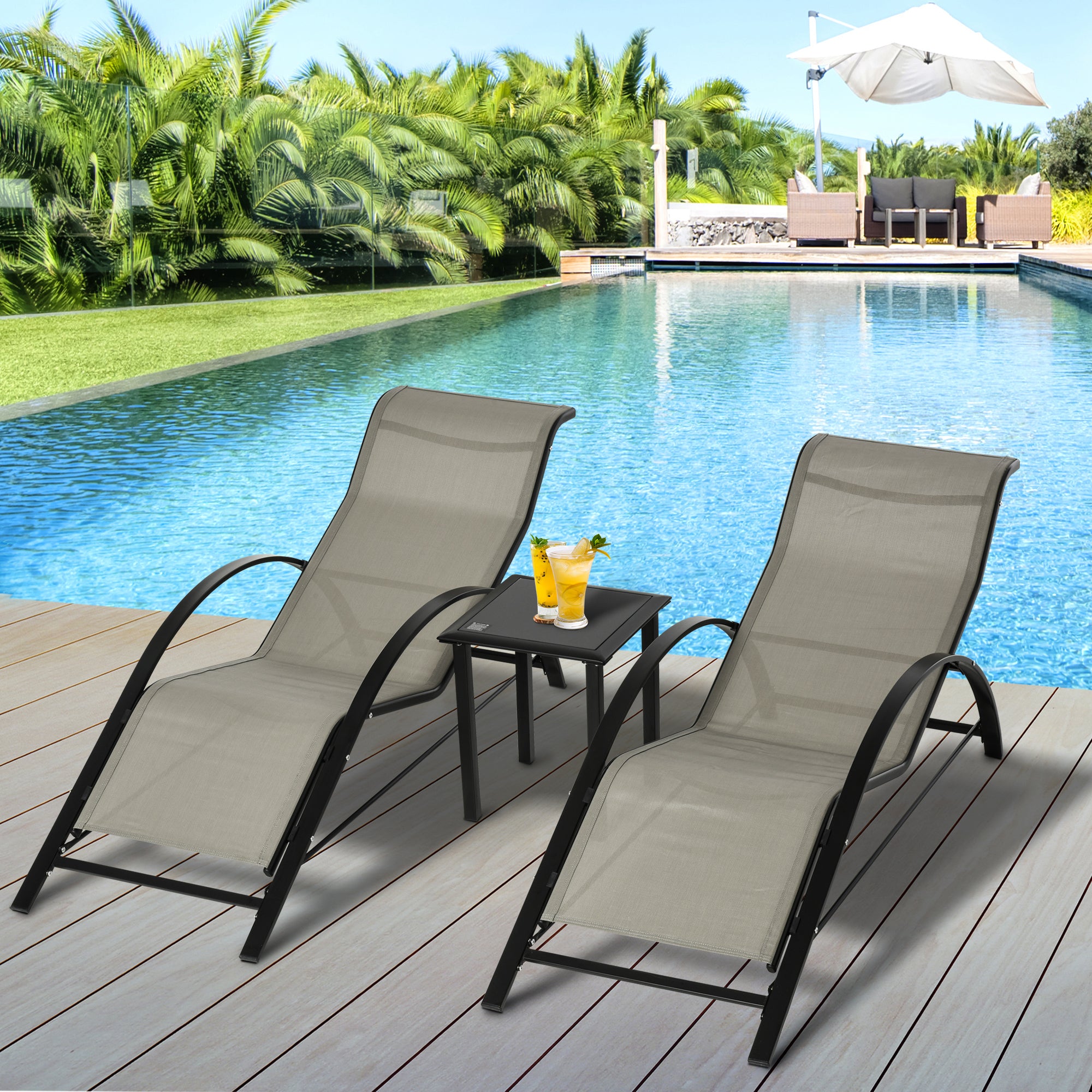 3 Pieces Sun Lounger Chair Set, Outdoor Recliner with Side Table and Armrest, Metal Frame, Grey