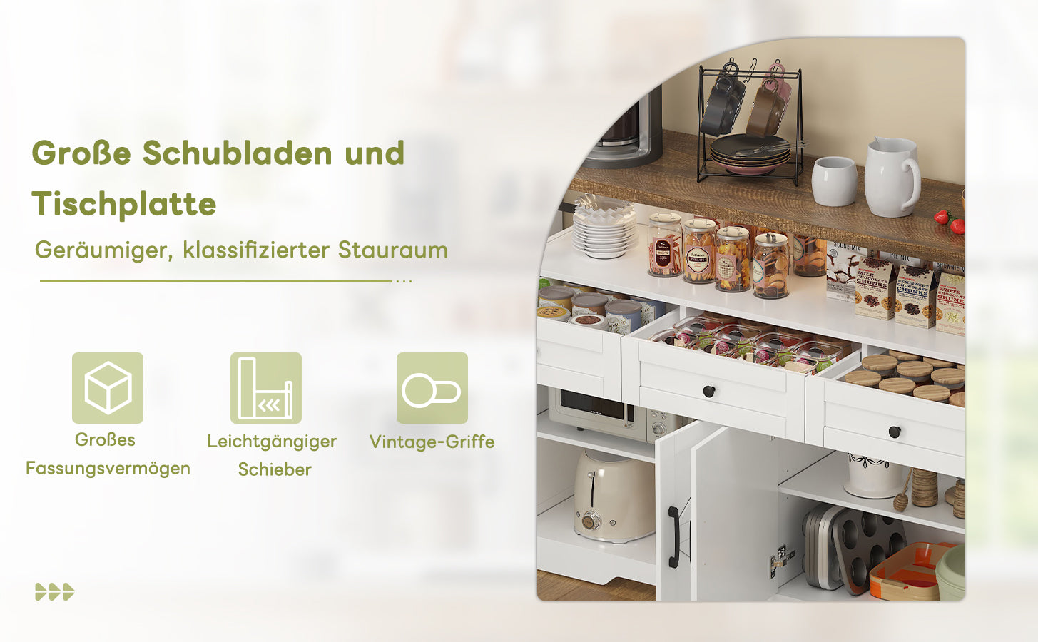 Buffet Sideboard 140cm 3 Drawers Shelves Storage Country Style - White/Brown