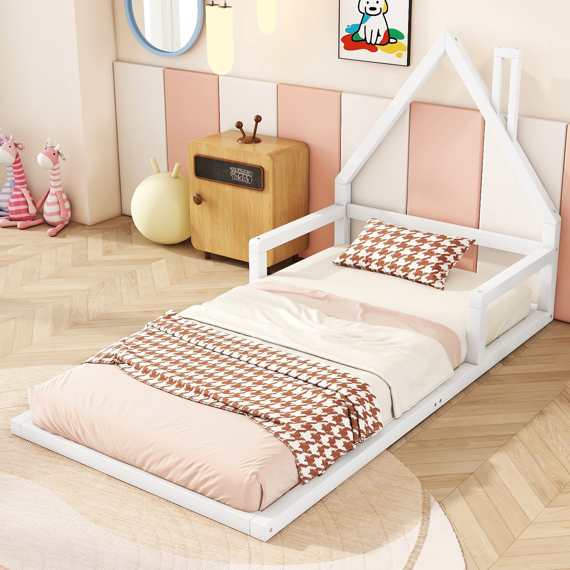 Children's Bed, Flat House Shape 90x200cm, Solid Pine White