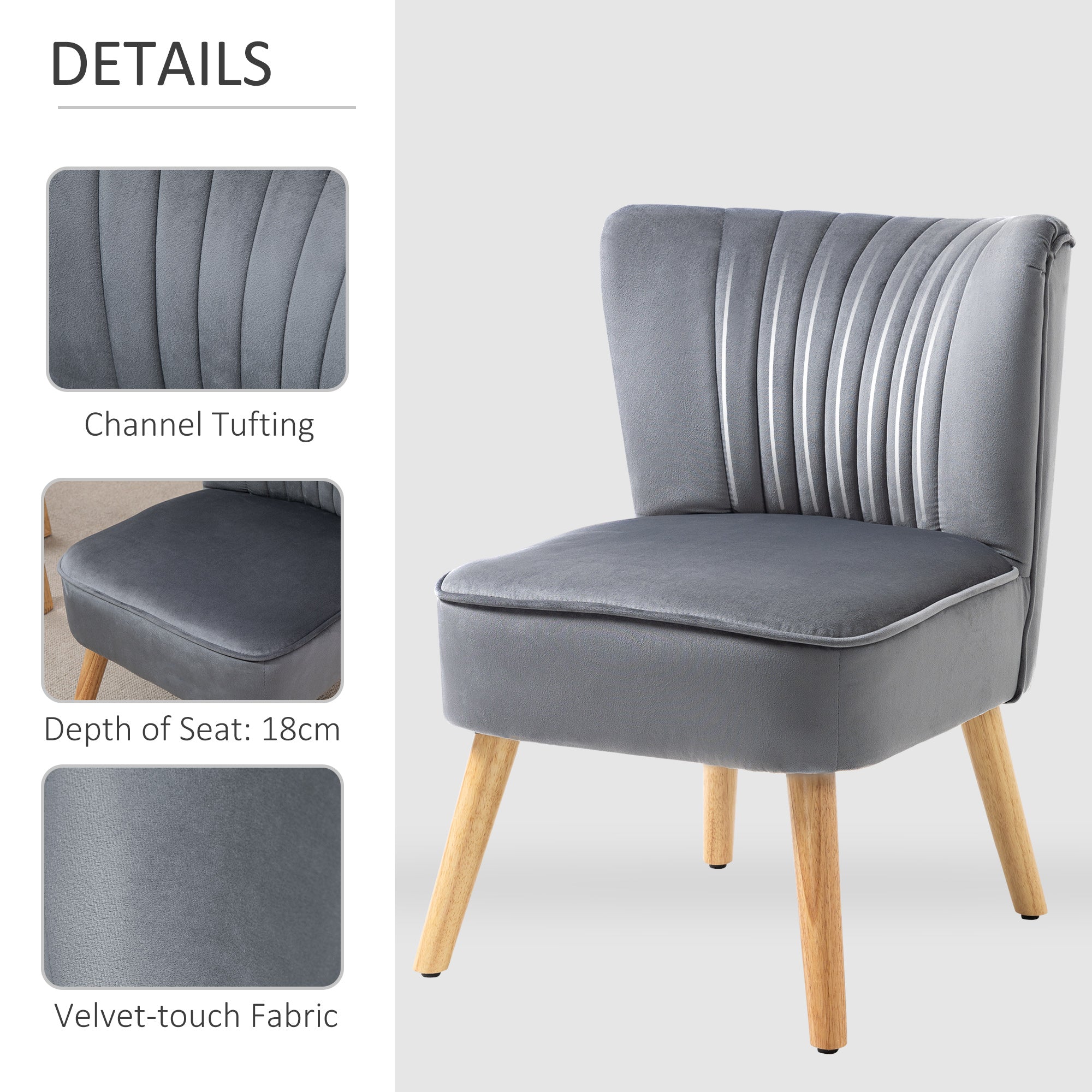 Modern Accent Chair, Fabric with Rubber Wood Legs, Grey