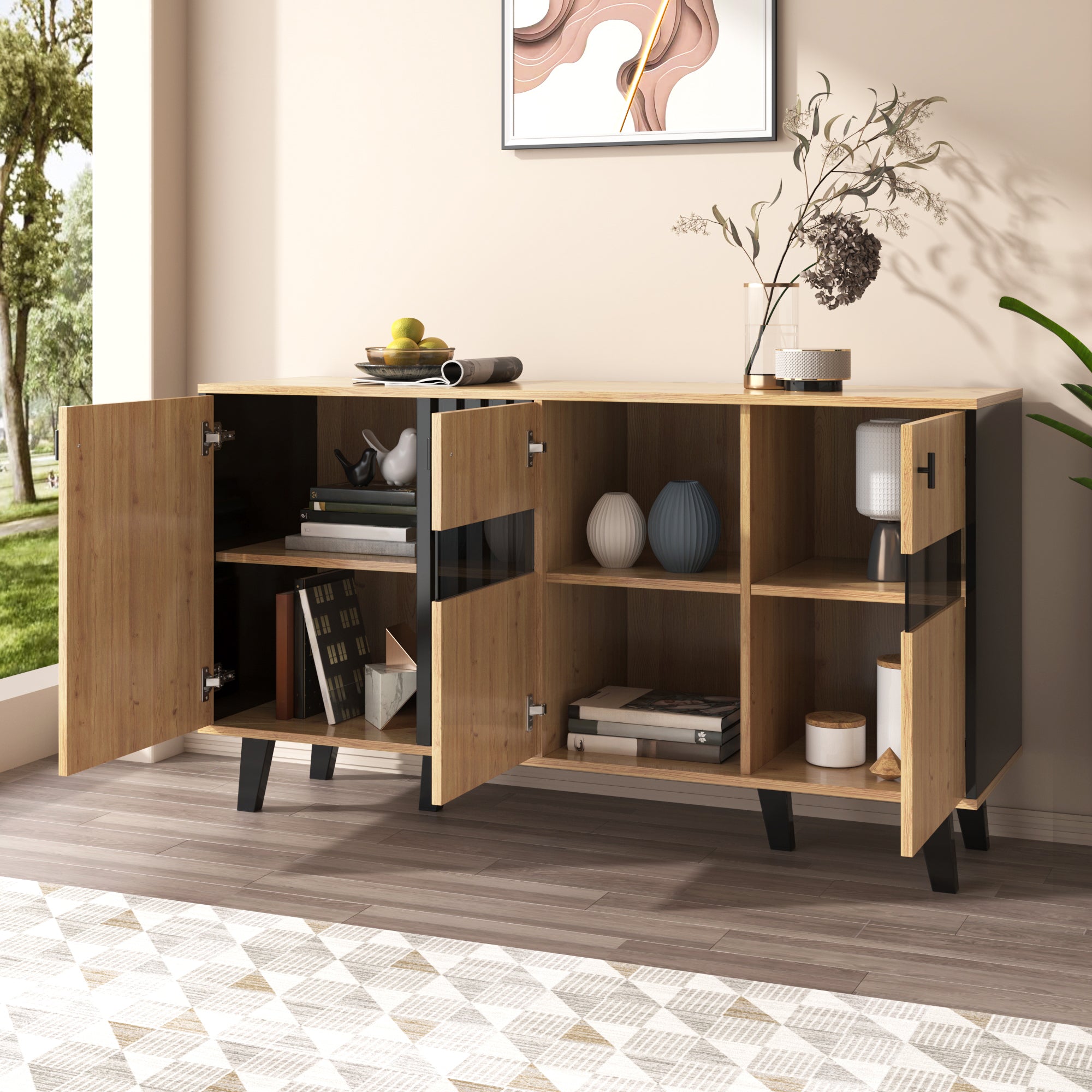 Sideboard with Storage, LED Light, and Glass Cabinet, Wood and Black