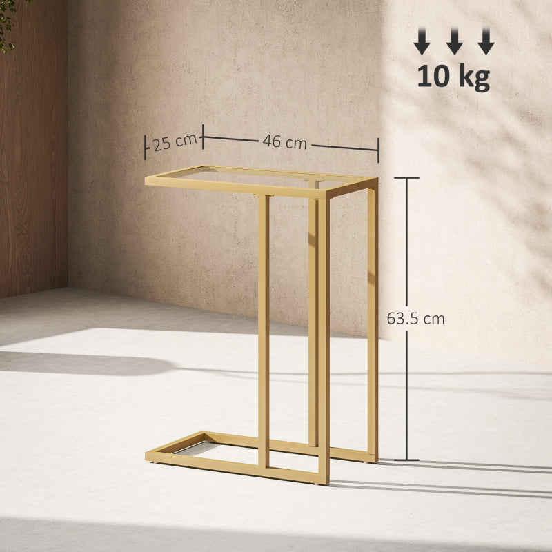 C-Shaped Side Table, Slim End Table with Tempered Glass Tabletop, Gold Tone Steel Frame