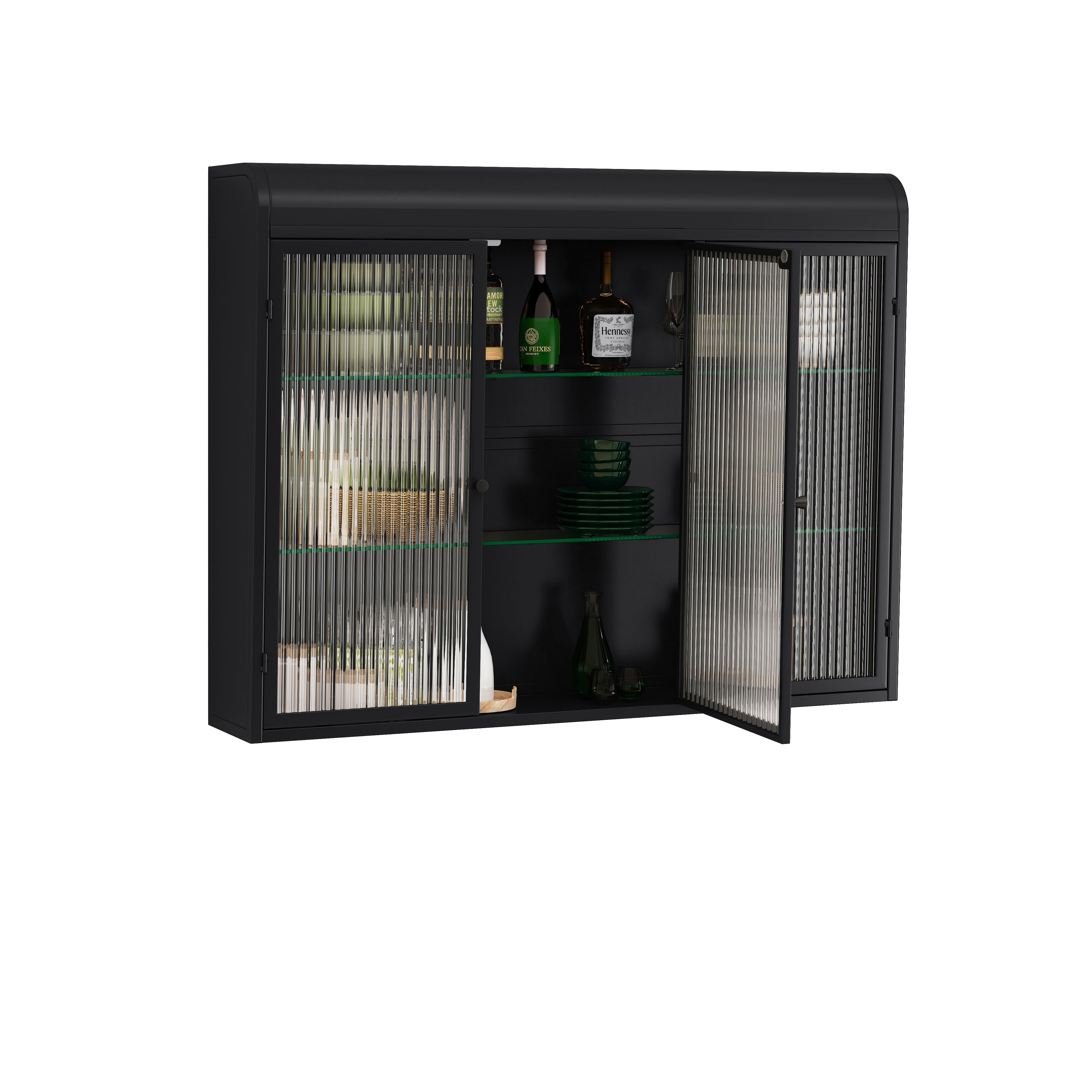 3 Door Arched Wall Mounted Glass Cabinets, Black