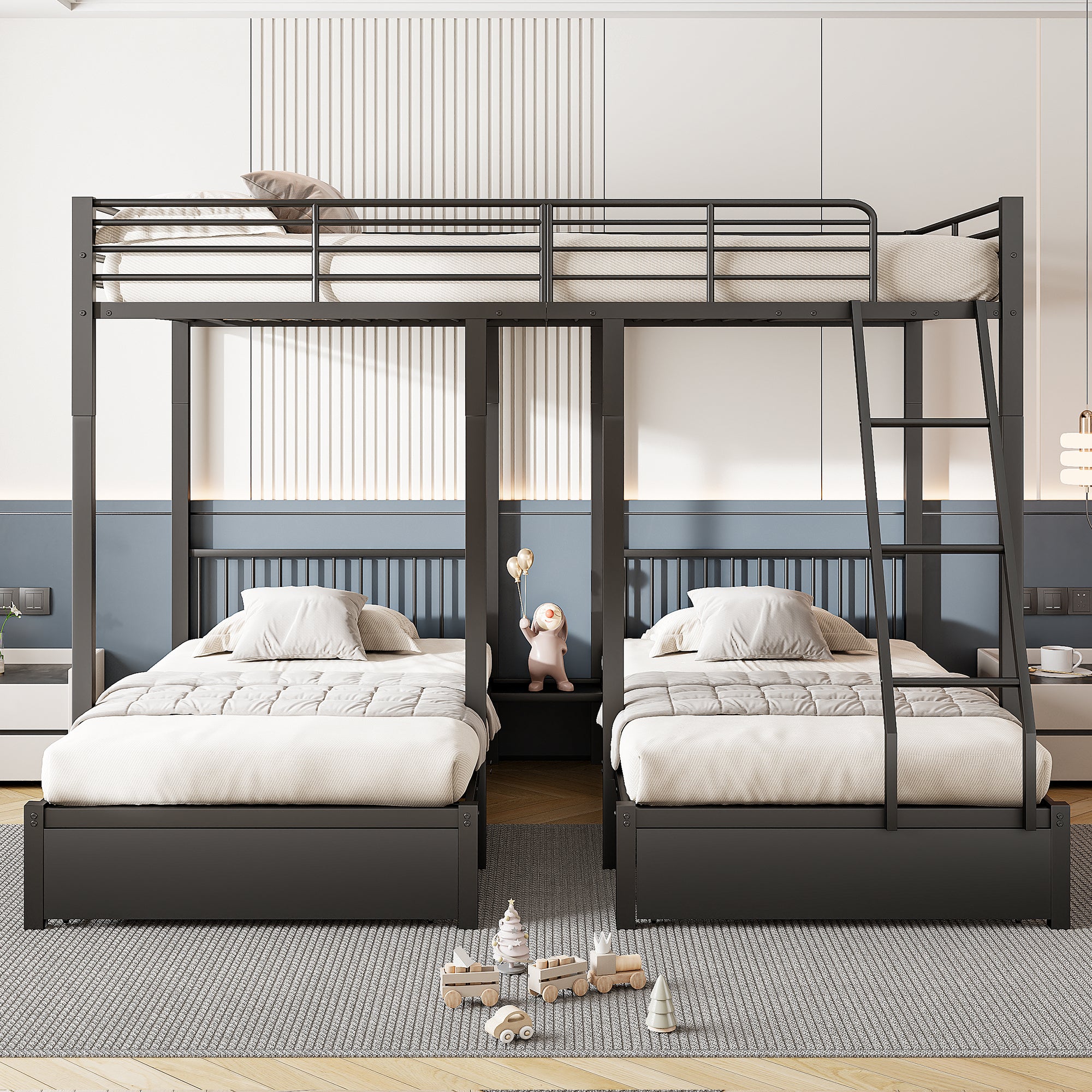 Triple Bunk Bed, Drawers, Convertible to Double & Two Single Beds, Metal, Black