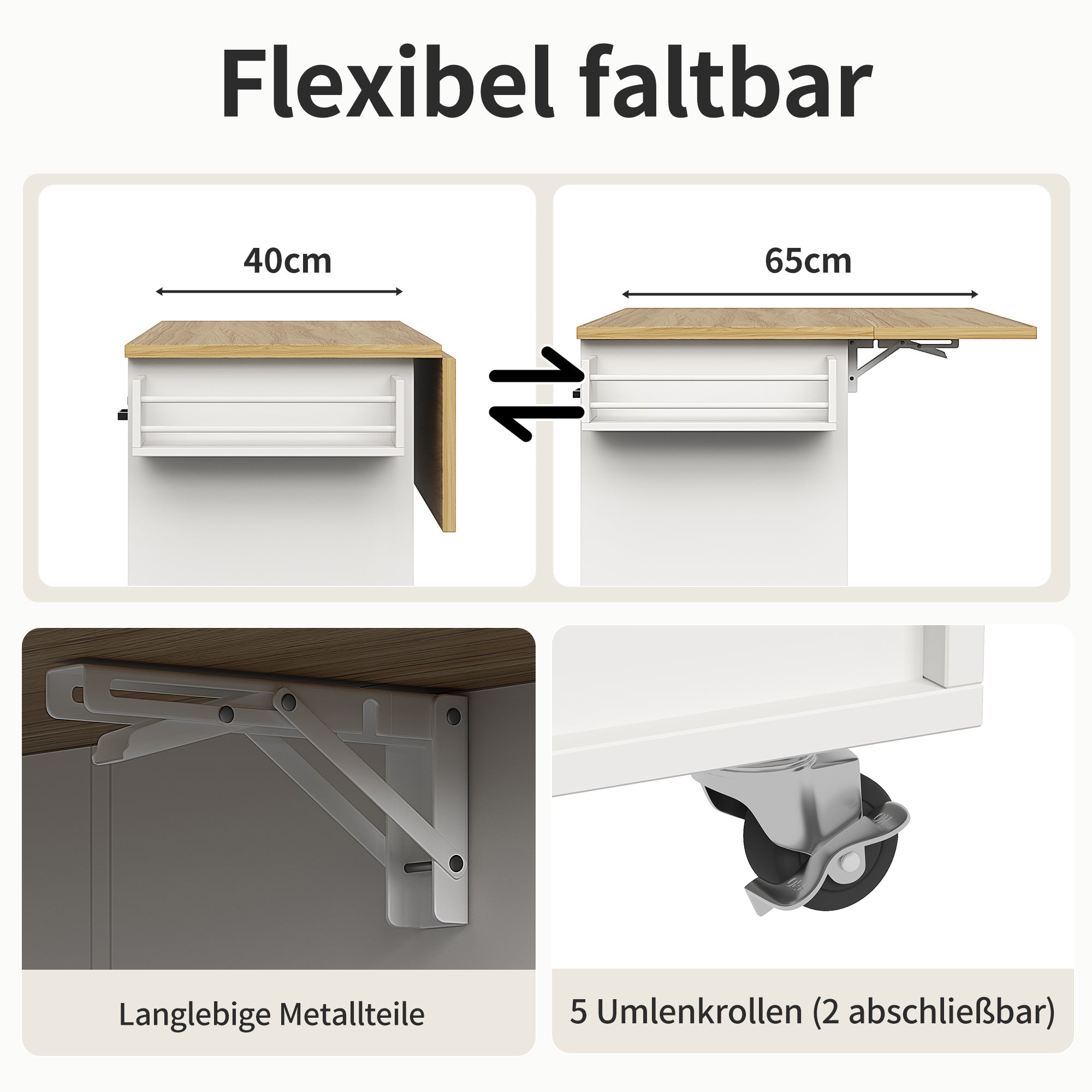 Dining Cart Removable Worktop Spice Rack Adjustable Storage - White