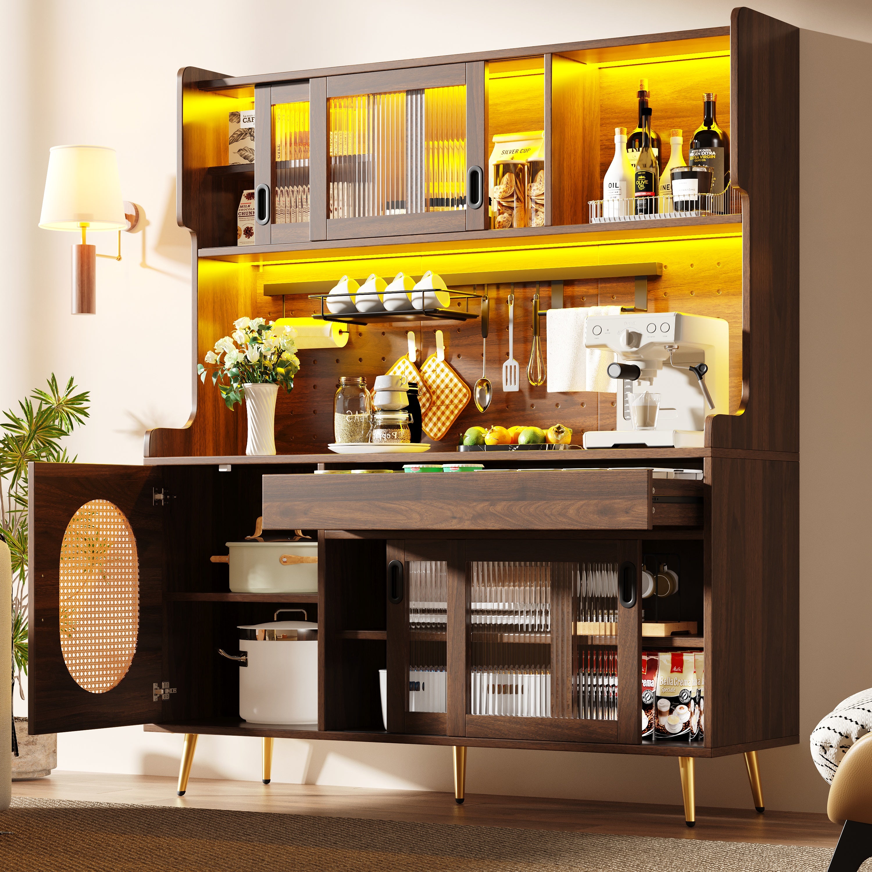 Sideboard Kitchen Buffet Cabinet with LED Strip and Fluted Glass Doors, Brown and Black