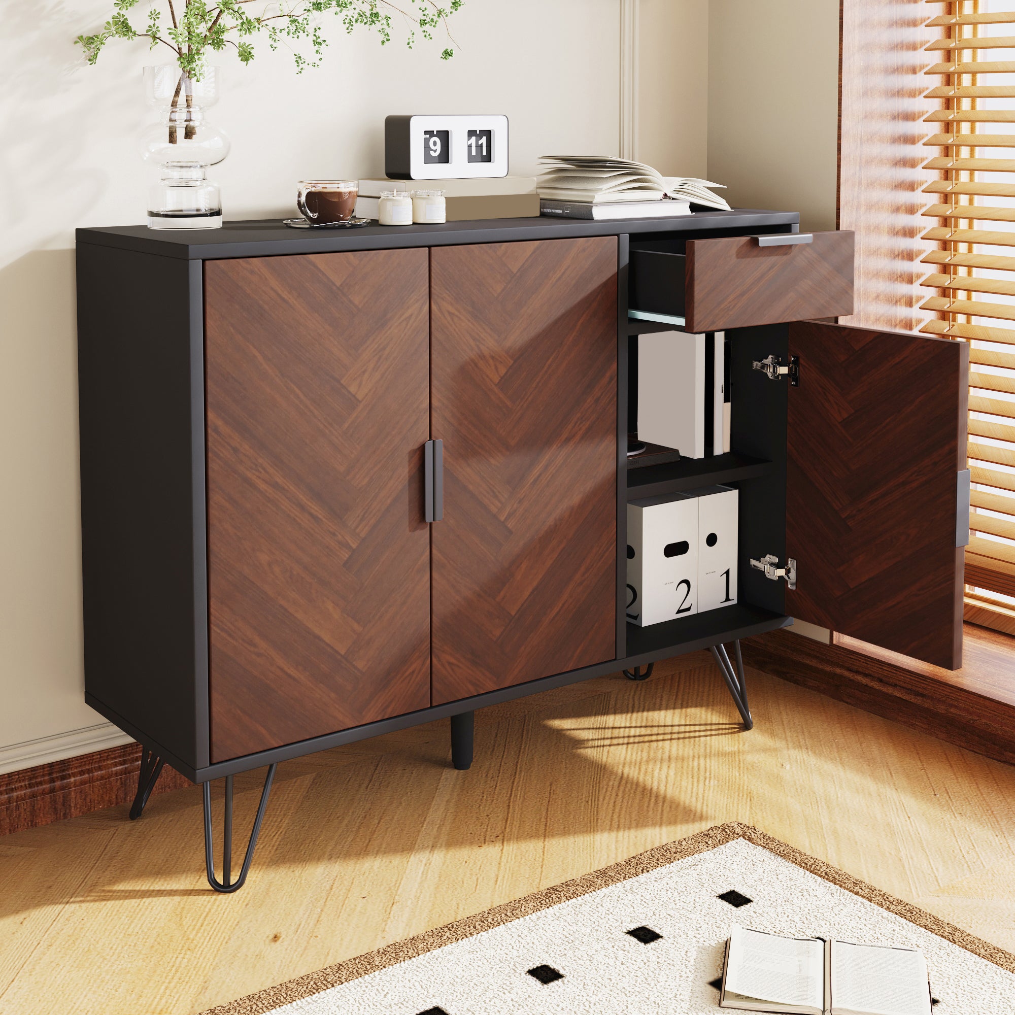 Storage Cabinet, Modern Sideboard with Drawer & Adjustable Shelves, Black & Wood Look