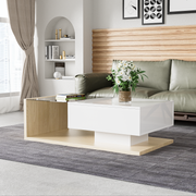 Coffee Table with Glass and LED, High Gloss White and Wood