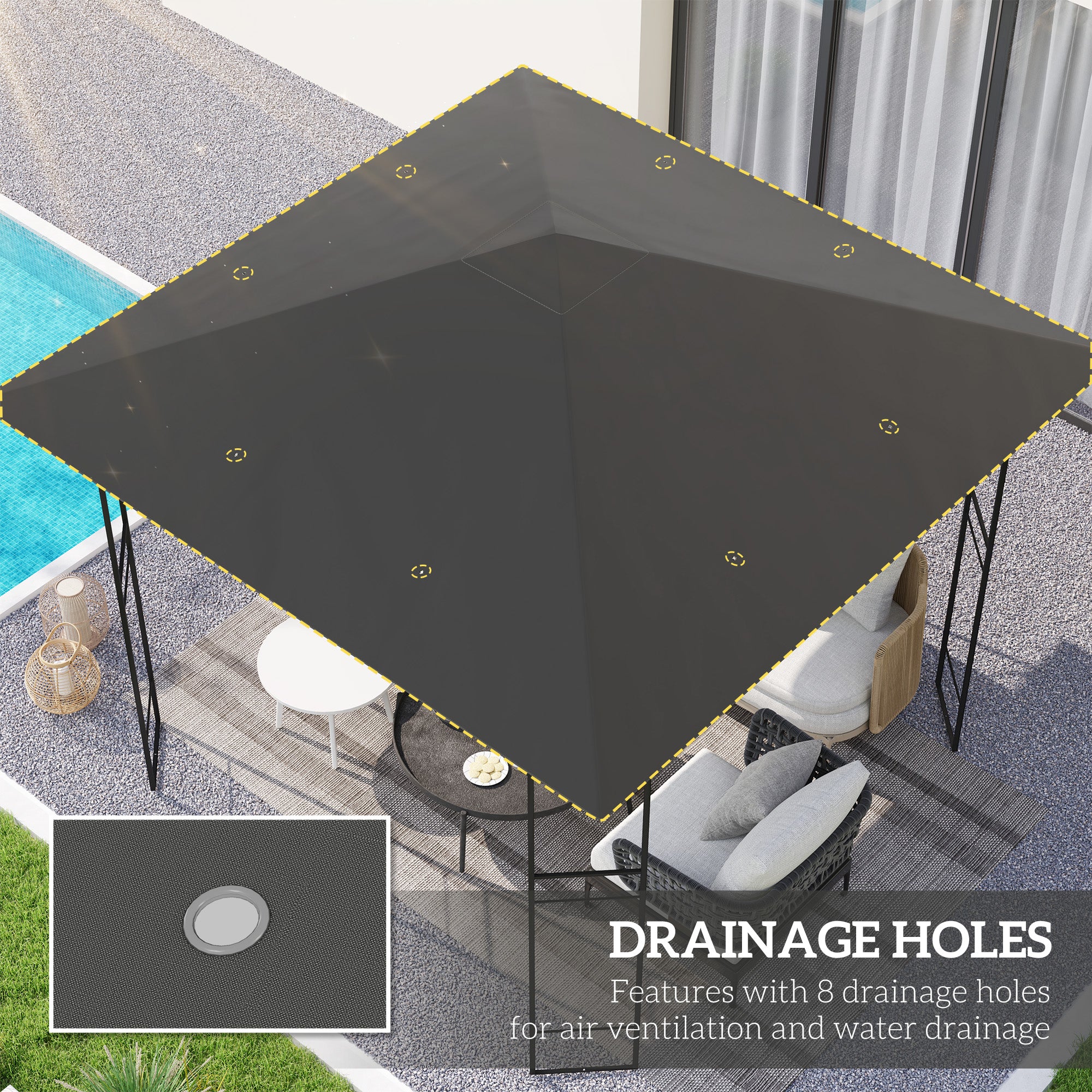 3 x 3m Gazebo Canopy Replacement Cover, Water Resistant UPF30+ with Drain Holes, Grey