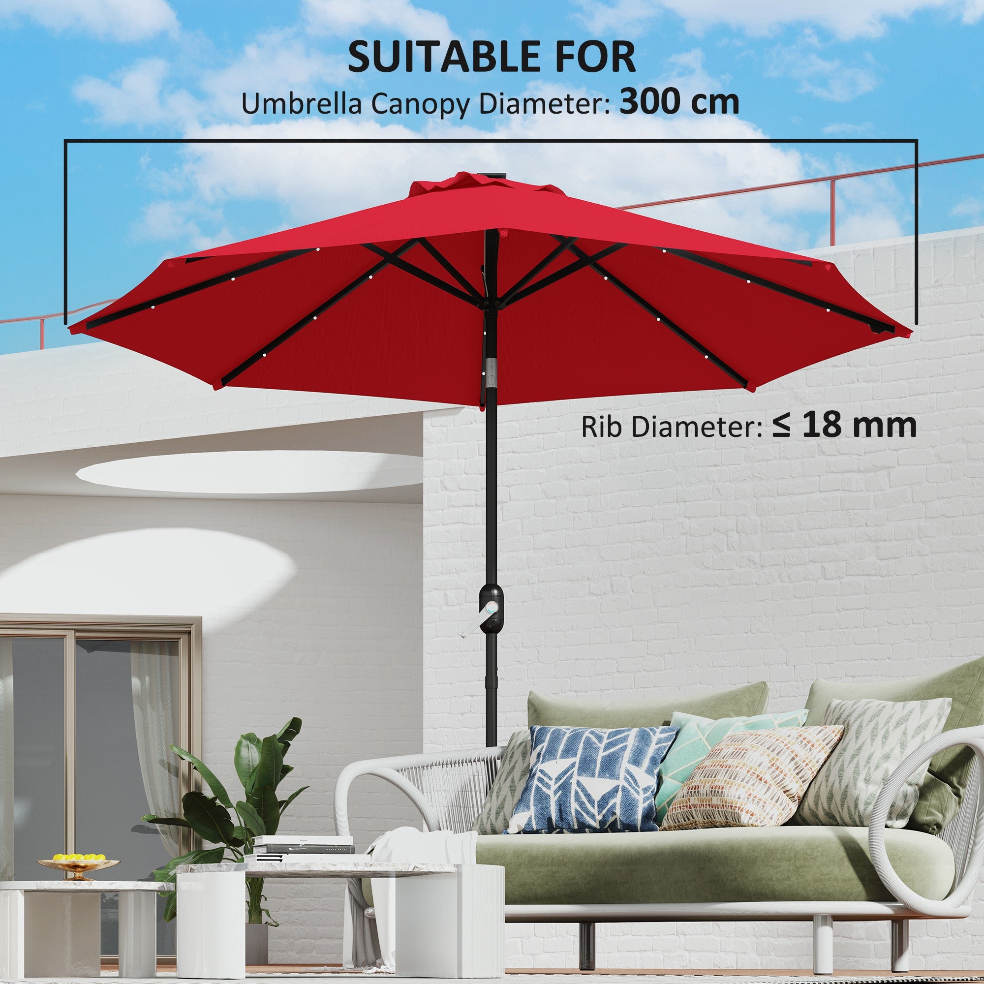 3m Replacement Parasol Canopy, UPF 50+, Top Vent, 8 Ribs, Red Polyester