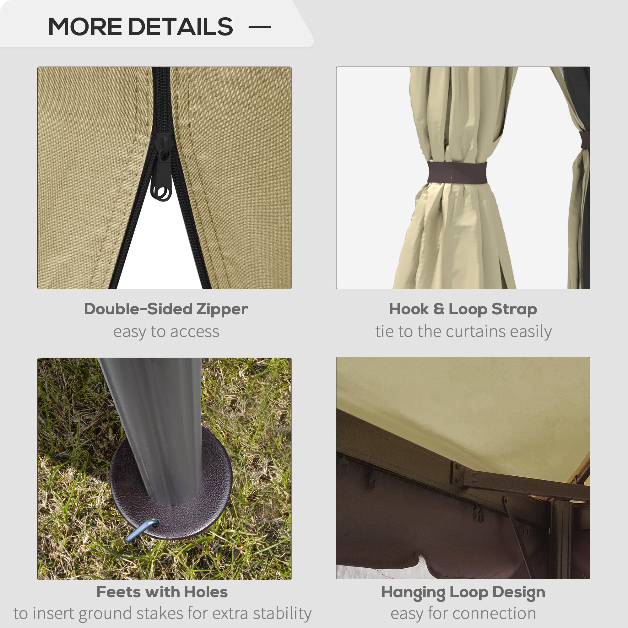 Patio Gazebo Canopy, 3 x 3m, 2 Tier Roof, Netting & Curtains, Beige Aluminium Frame