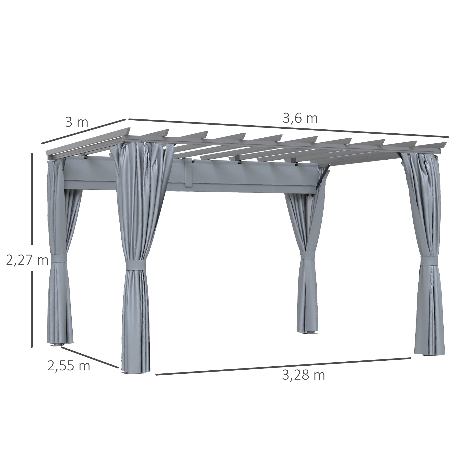Outdoor Pergola 3.6 x 3m Retractable Roof & Curtains Aluminum Frame, Dark Grey