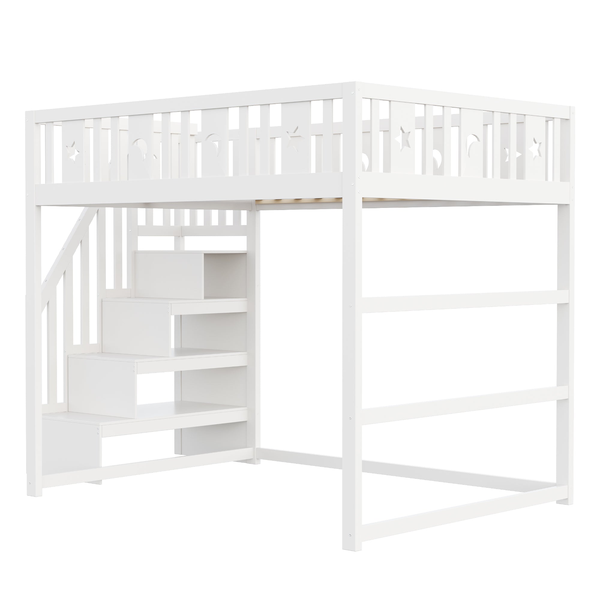 Children's Bunk Bed with Stairs, Safety Railing, Star/Moon Decoration, Solid Wood, White