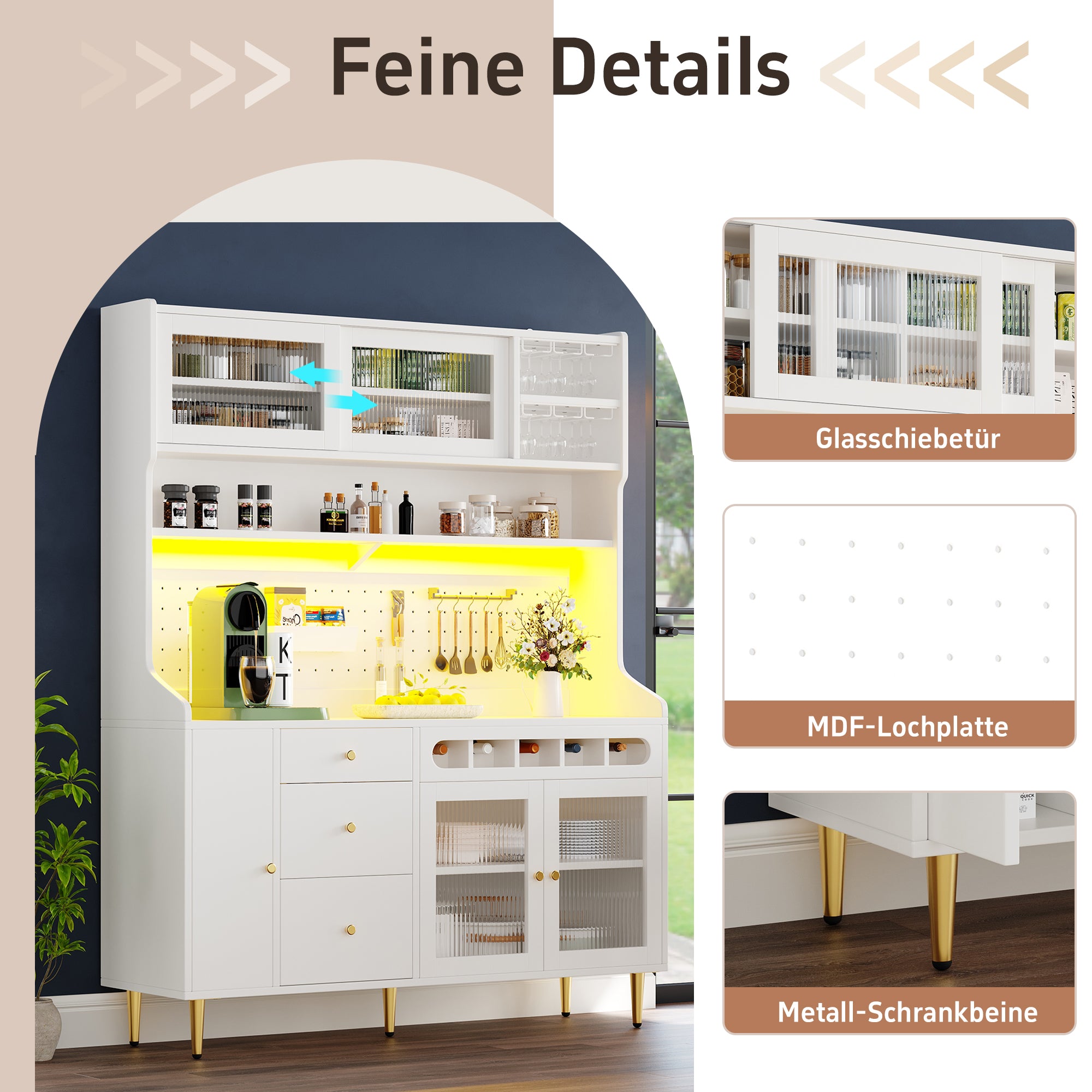 Tall Cabinet 145x39x171cm Adjustable Shelves LED Lighting Wine Rack white