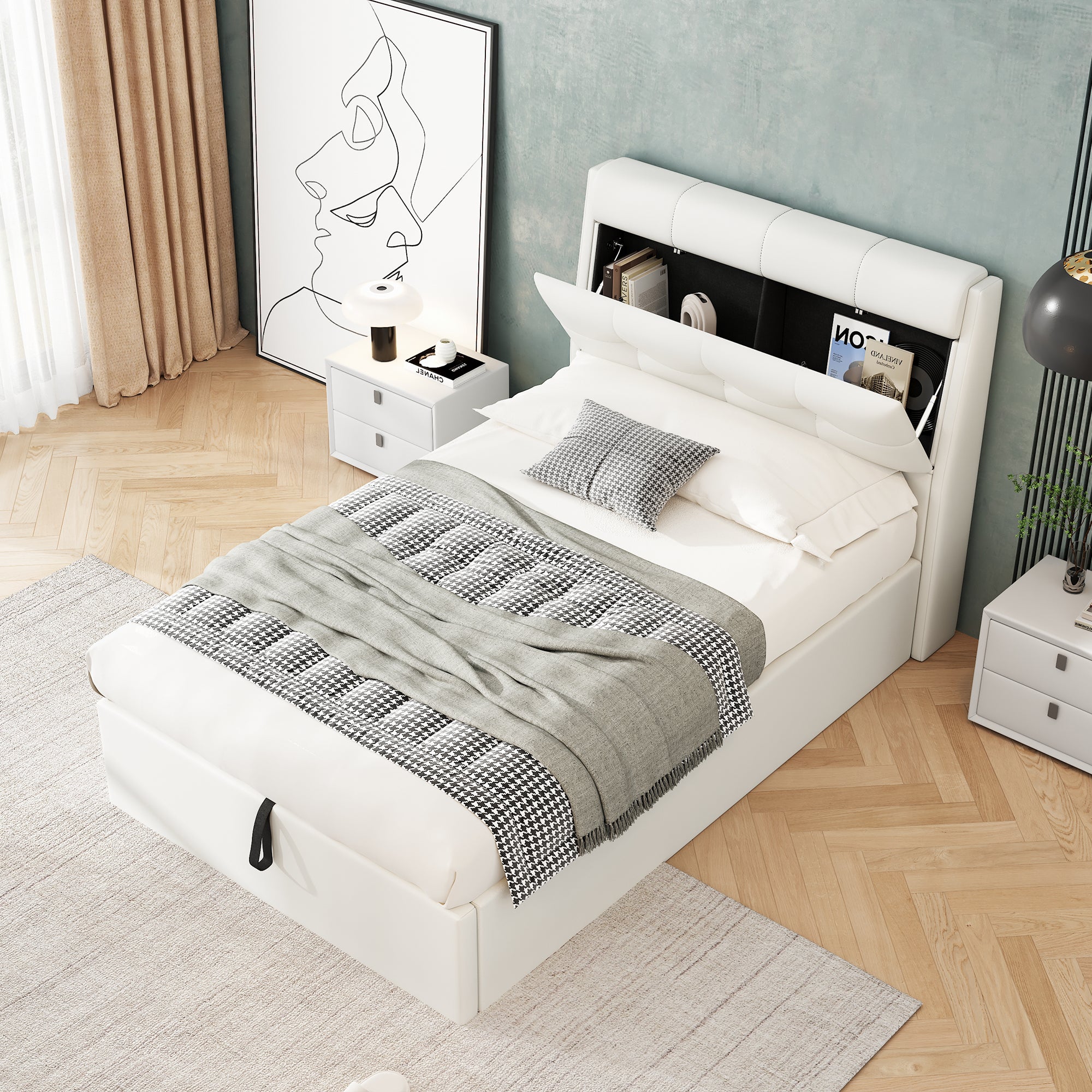 Upholstered Bed 90x200 Hydraulic Bed Box & Headboard Storage PU White