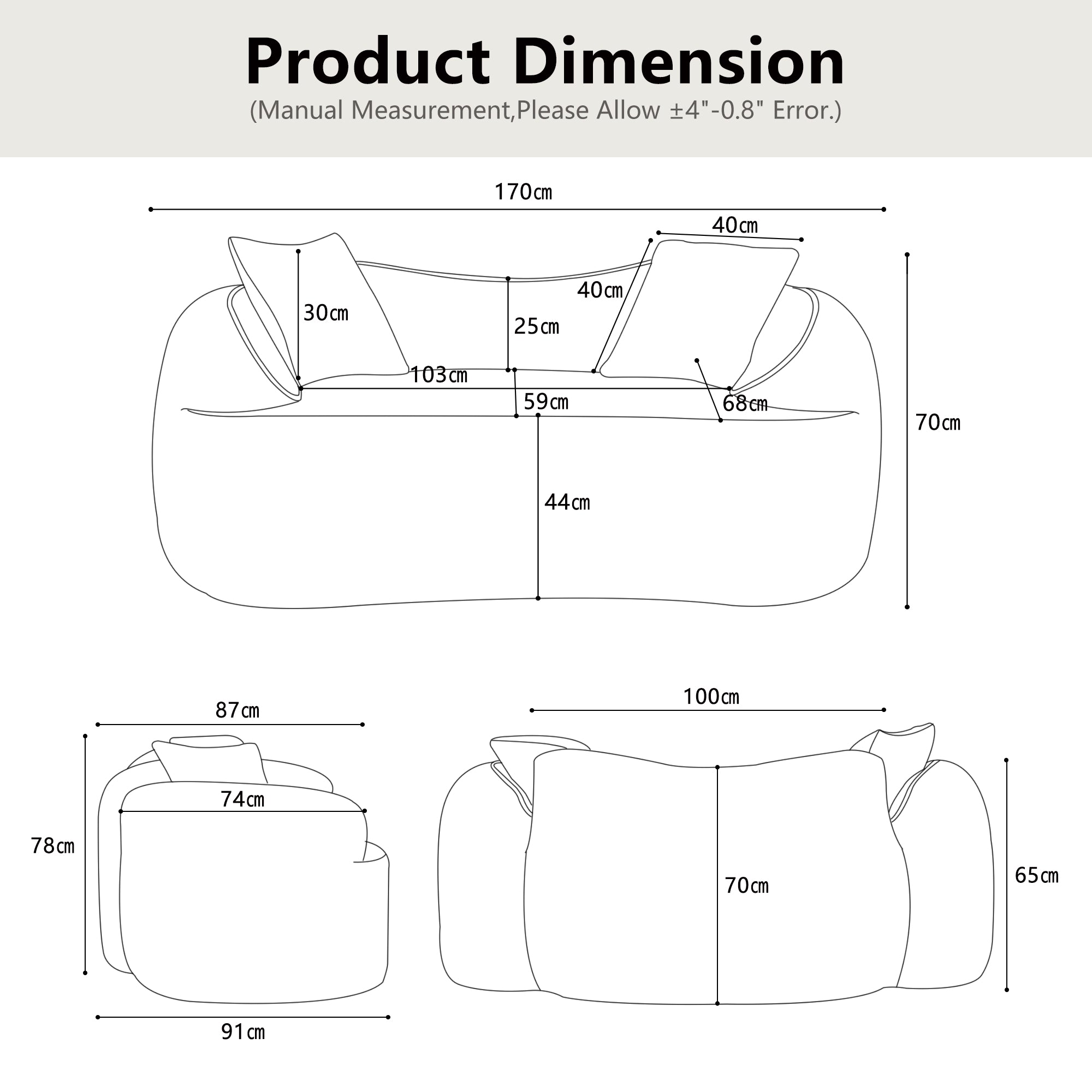 Sofa, curved two-seater with armrests and 2 cushions, cream linen