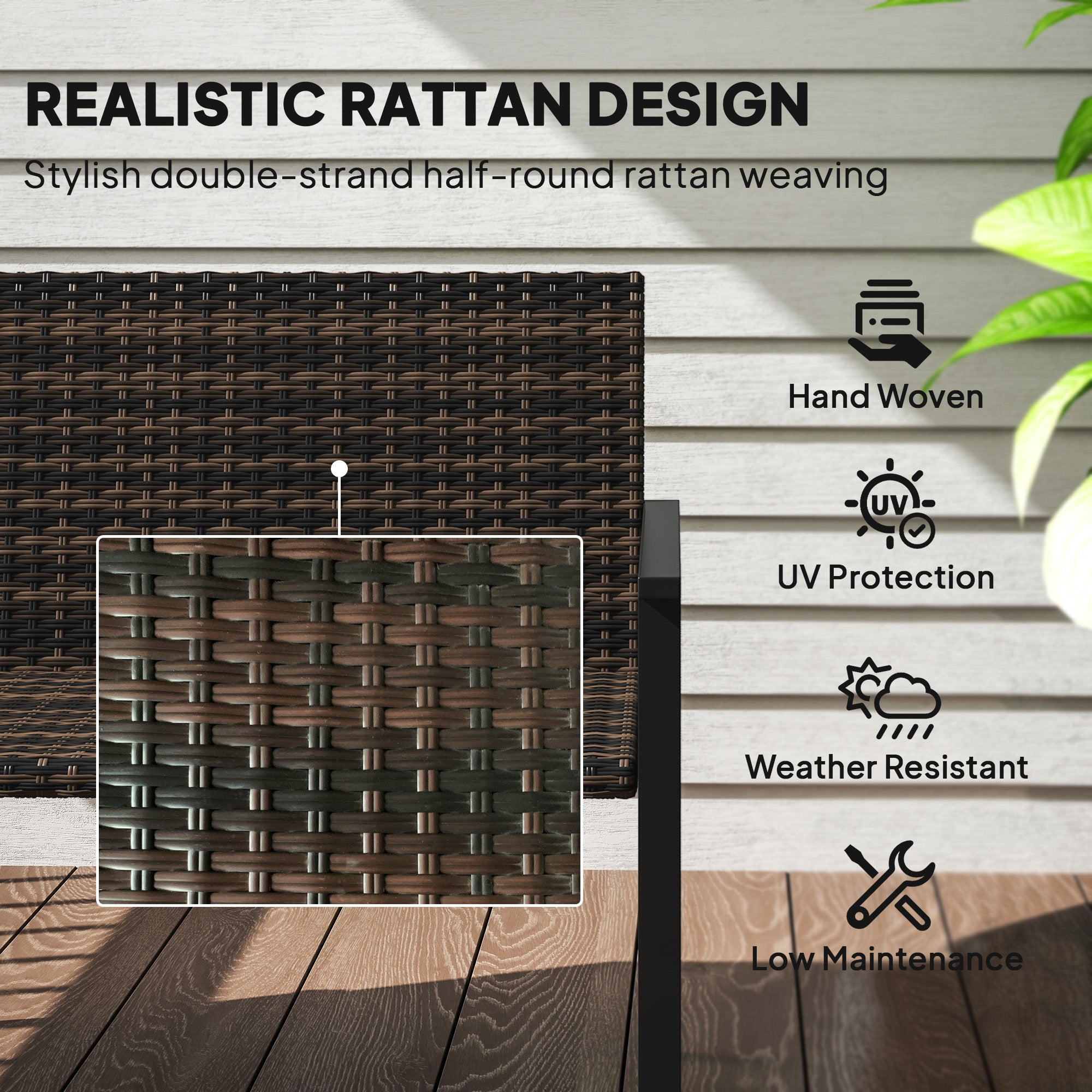 2 Seater Rattan Garden Bench Quick-Drying Cotton Padding Loveseat, Mixed Brown