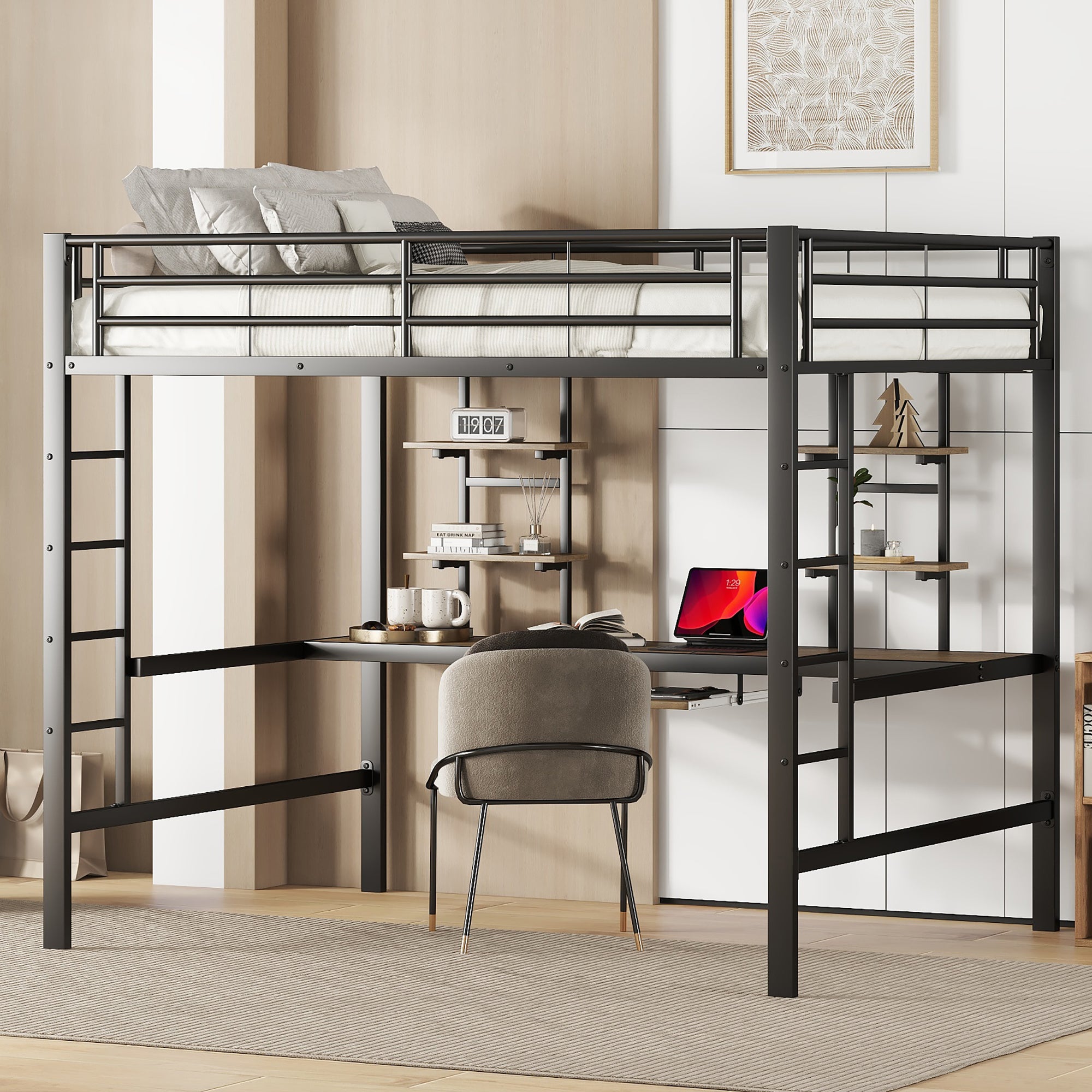 Loft Bed 140x200cm with Desk & 2 Bookshelves - Black Metal