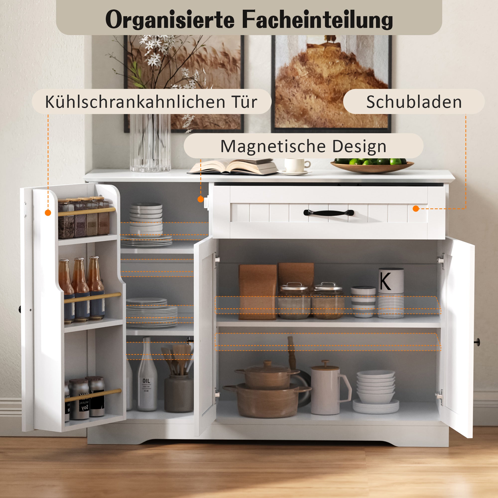 Sideboard Buffet Cabinet 3 Doors 1 Drawer - White