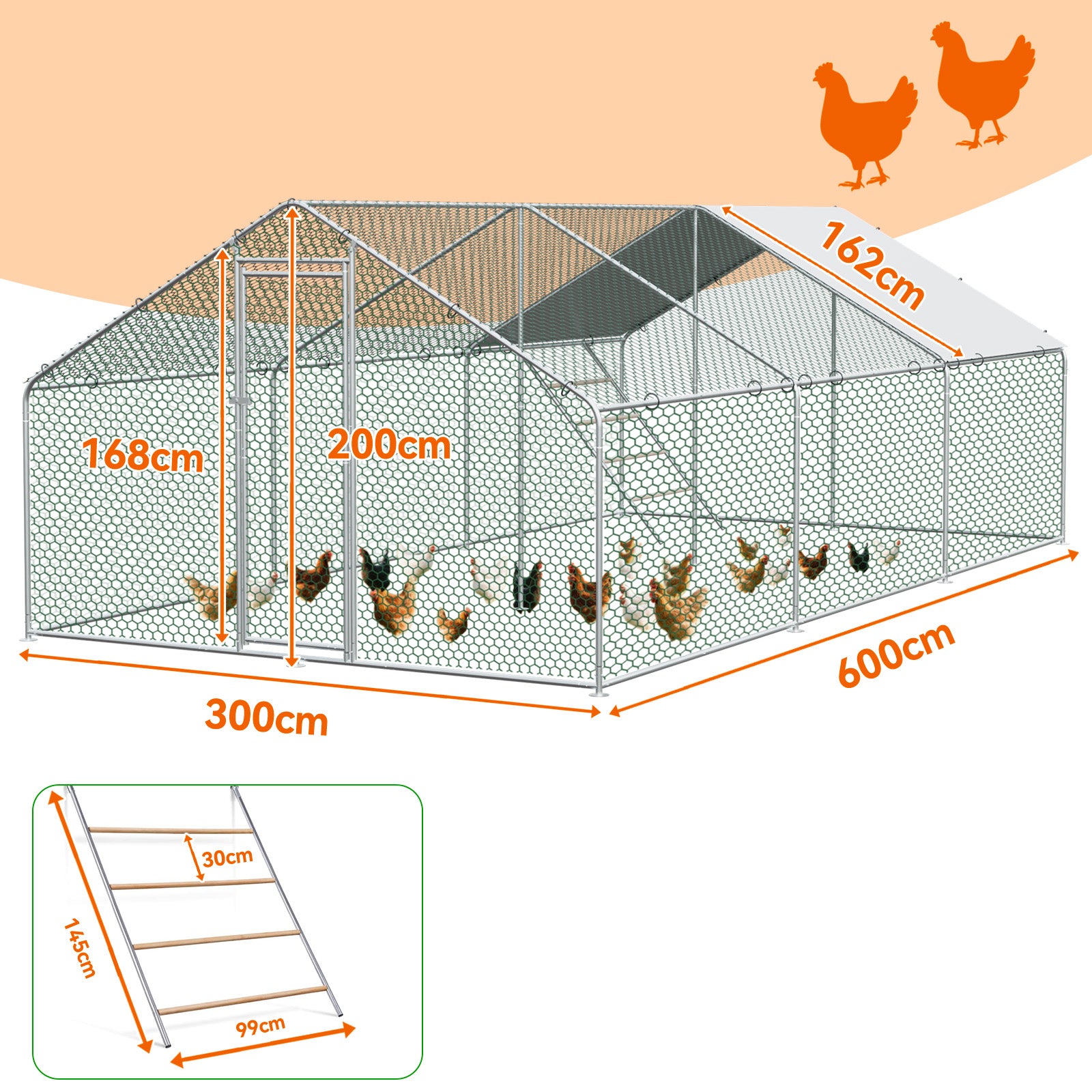 Chicken Run 3x6x2m Metal Enclosure with Safety Lock and Waterproof PE Cloth