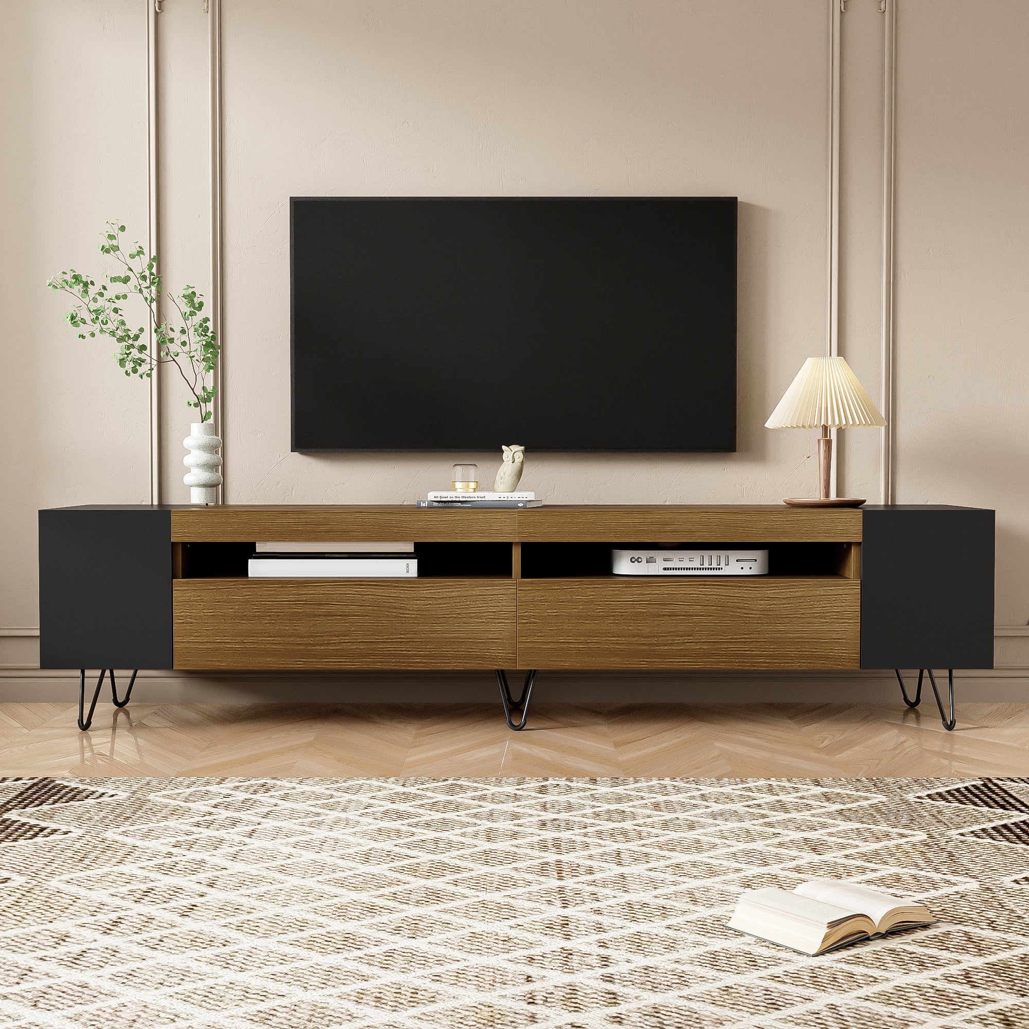 Modern TV Cabinet 180cm, Black and Wood Look