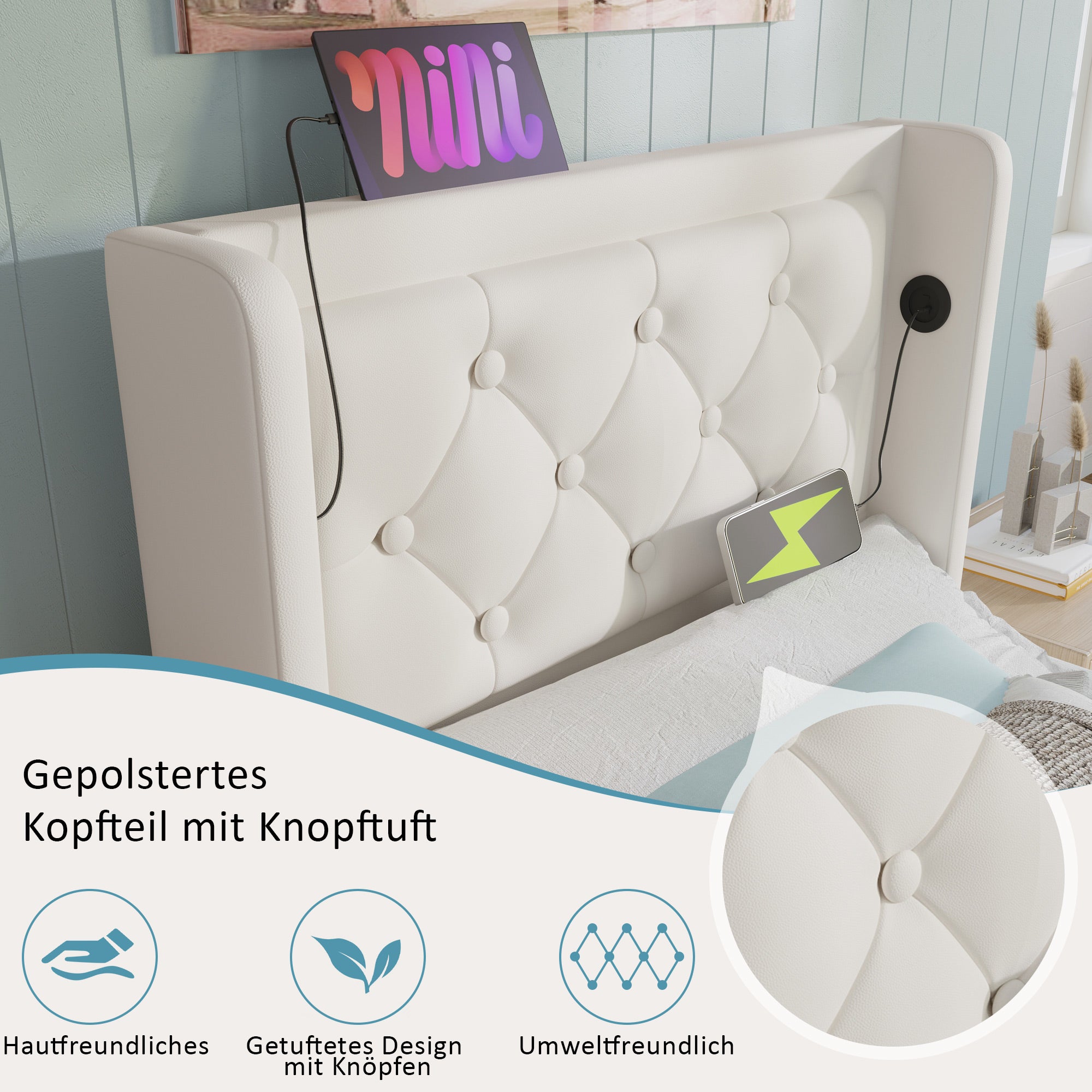 Upholstered Single Bed 90*200cm Hydraulic Storage Headboard USB Type-C LED, White PU