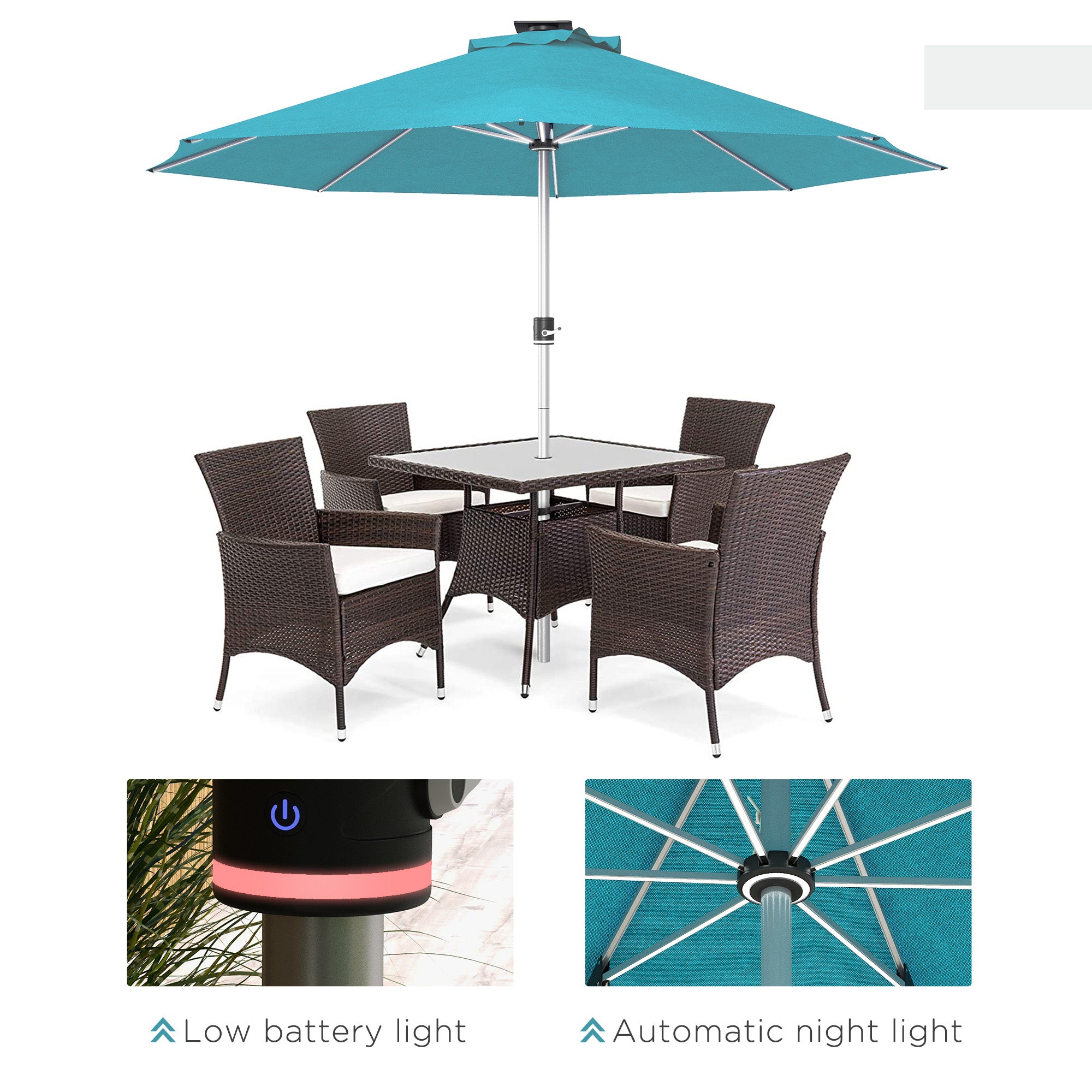 3m Parasol, Solar-Powered LED Lights, Blue