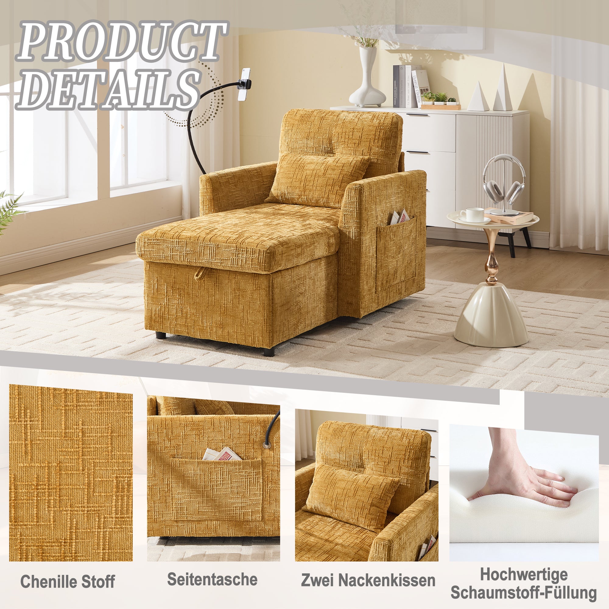 Reclining Sofa Lounge Chair, Multifunctional with Phone Holder, Chenille Fabric