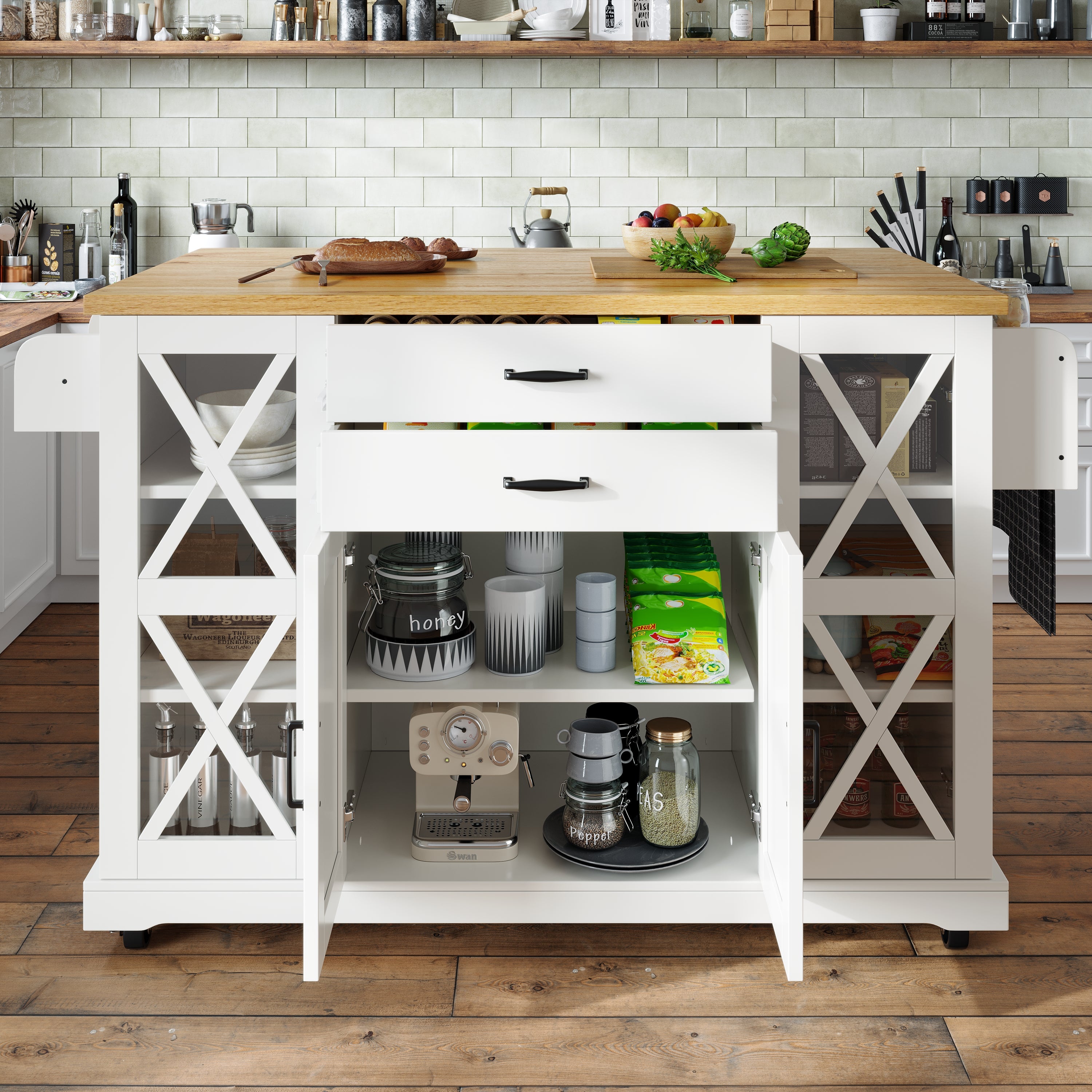 Mobile Kitchen Island Serving Trolley 4 Doors Glass Drawers Adjustable Shelves - White