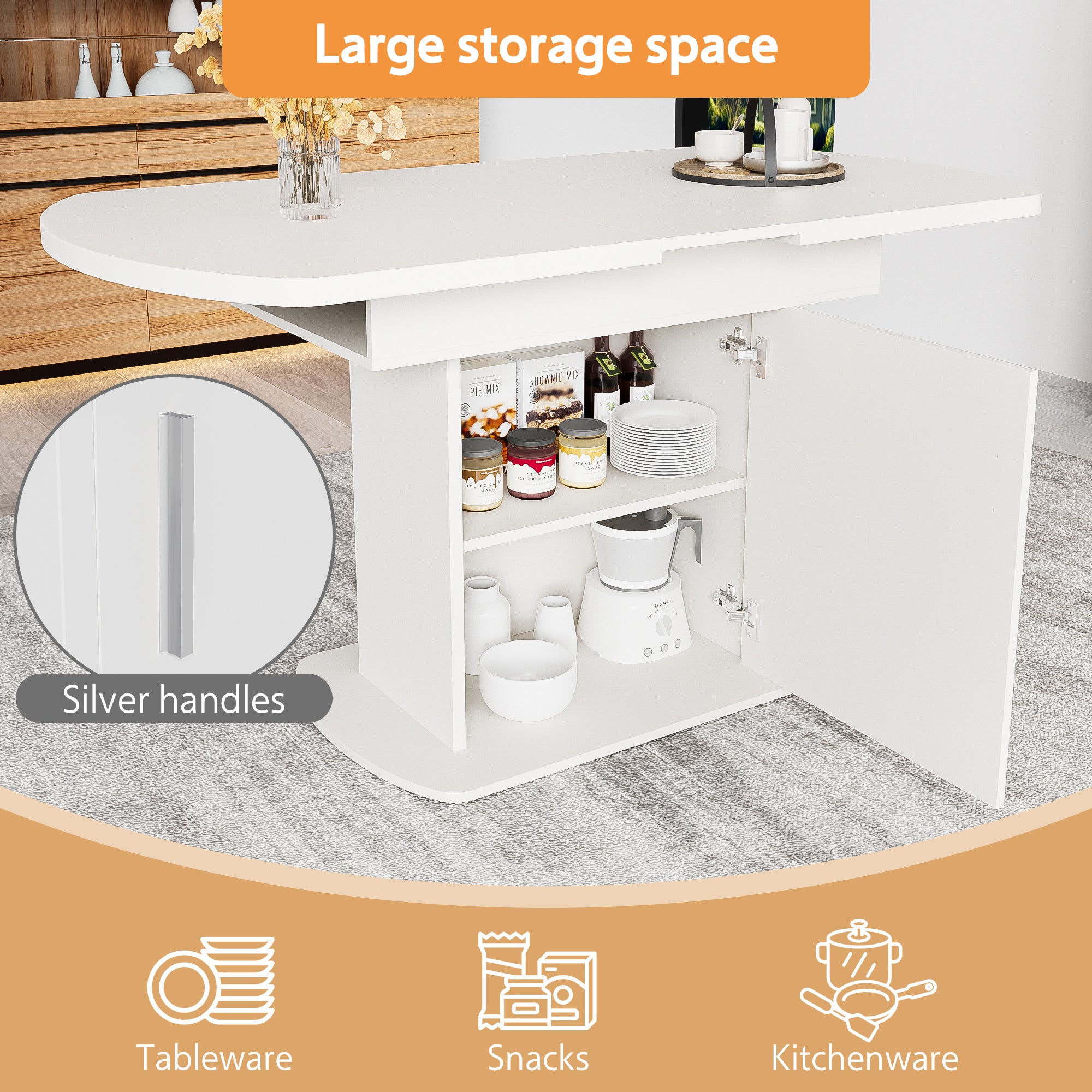 Extendable Oval Dining Table, 110/130cm x 70cm, Storage Function, White/Silver MDF