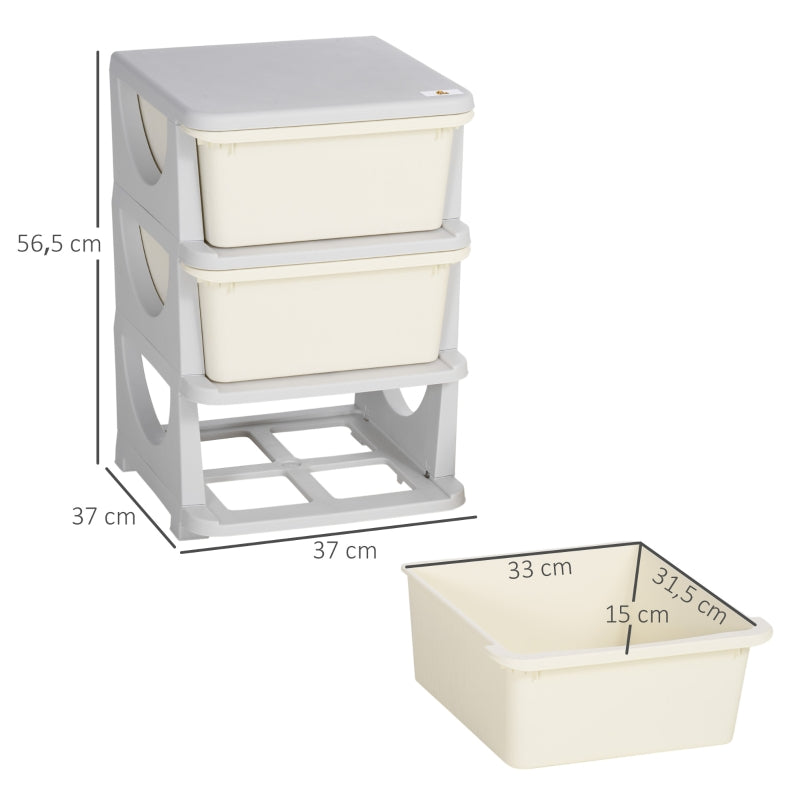 Children's Storage Boxes, 3 Large Drawers, Cream White Plastic