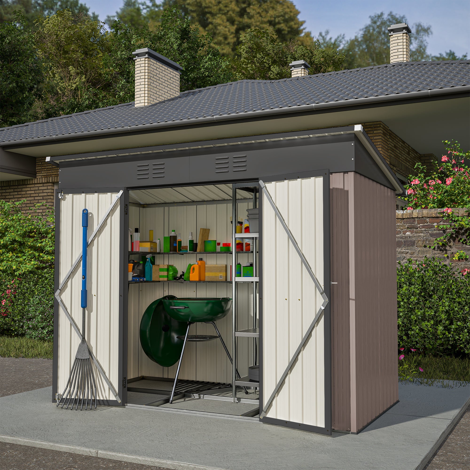 8x4 FT Metal Tool Shed Garden House with Metal Foundation, Brown