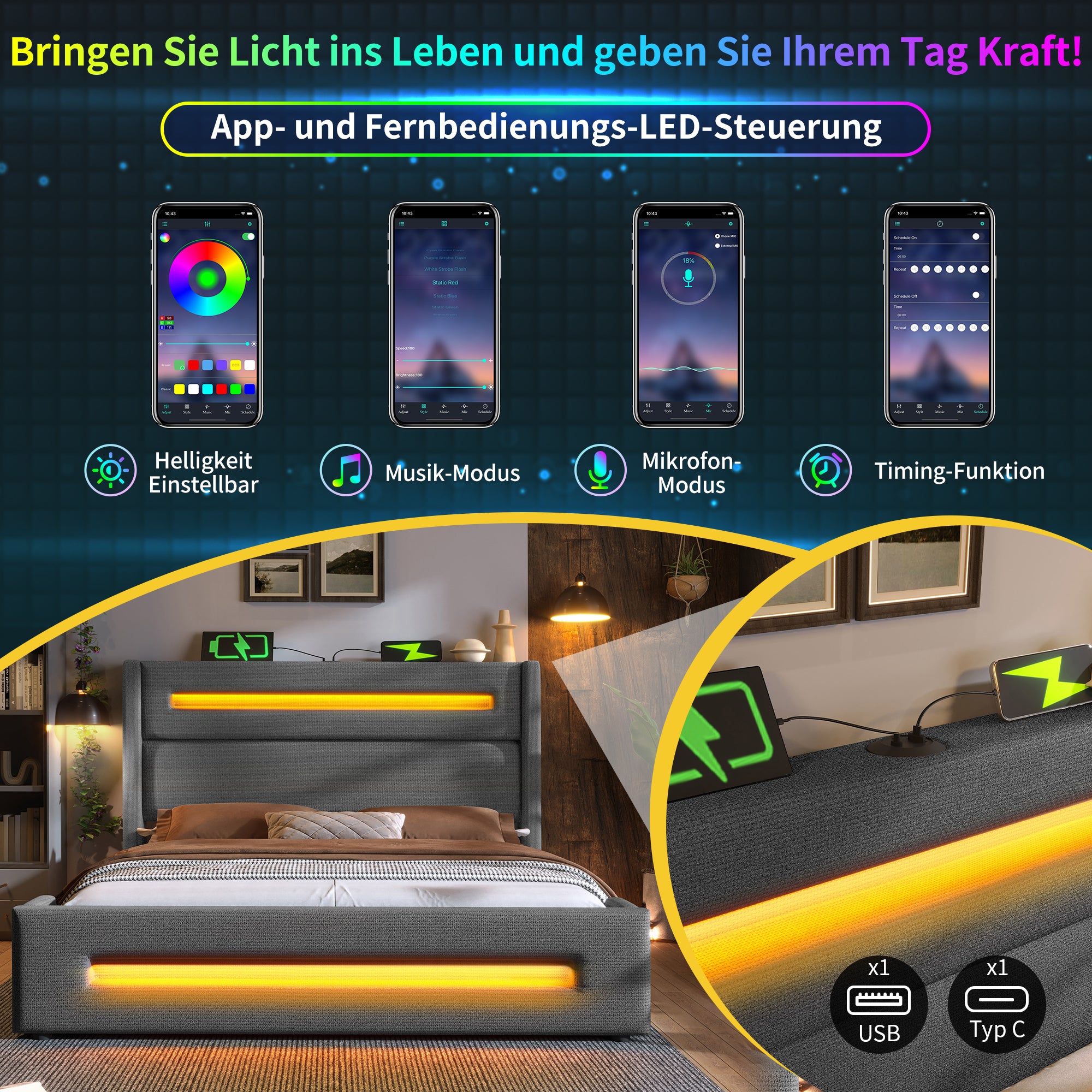 Upholstered Double Bed, 160x200cm, LED & Hydraulic Storage, Gray Linen