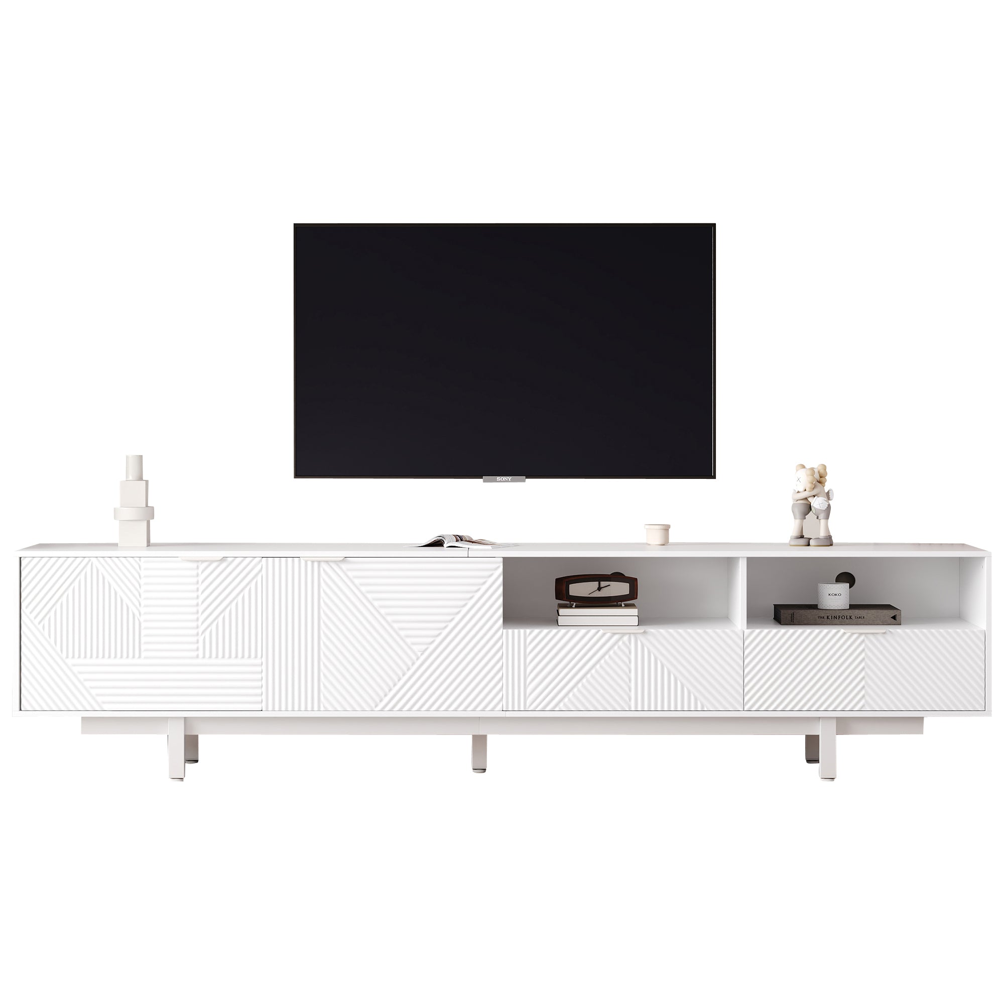 TV Cabinet, Modern Bohemian Abstract Geometric Lines, White, 200x40x51cm for 90-inch TVs