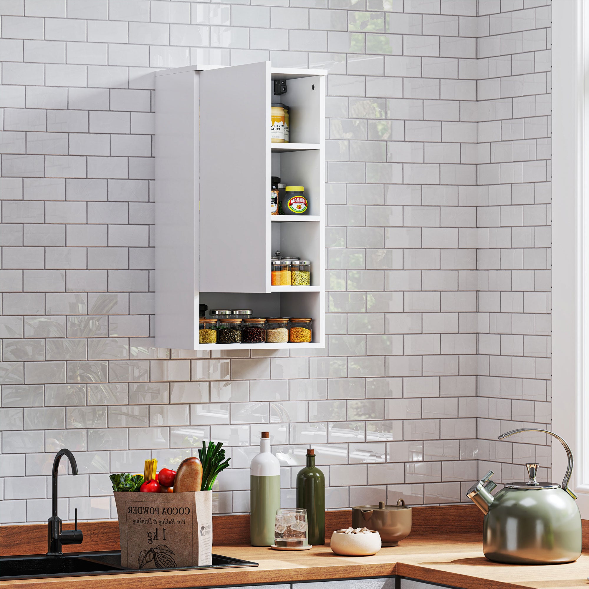 Wall Cabinet with Doors, Adjustable Shelves, Open Compartment, Wall Mounted, White