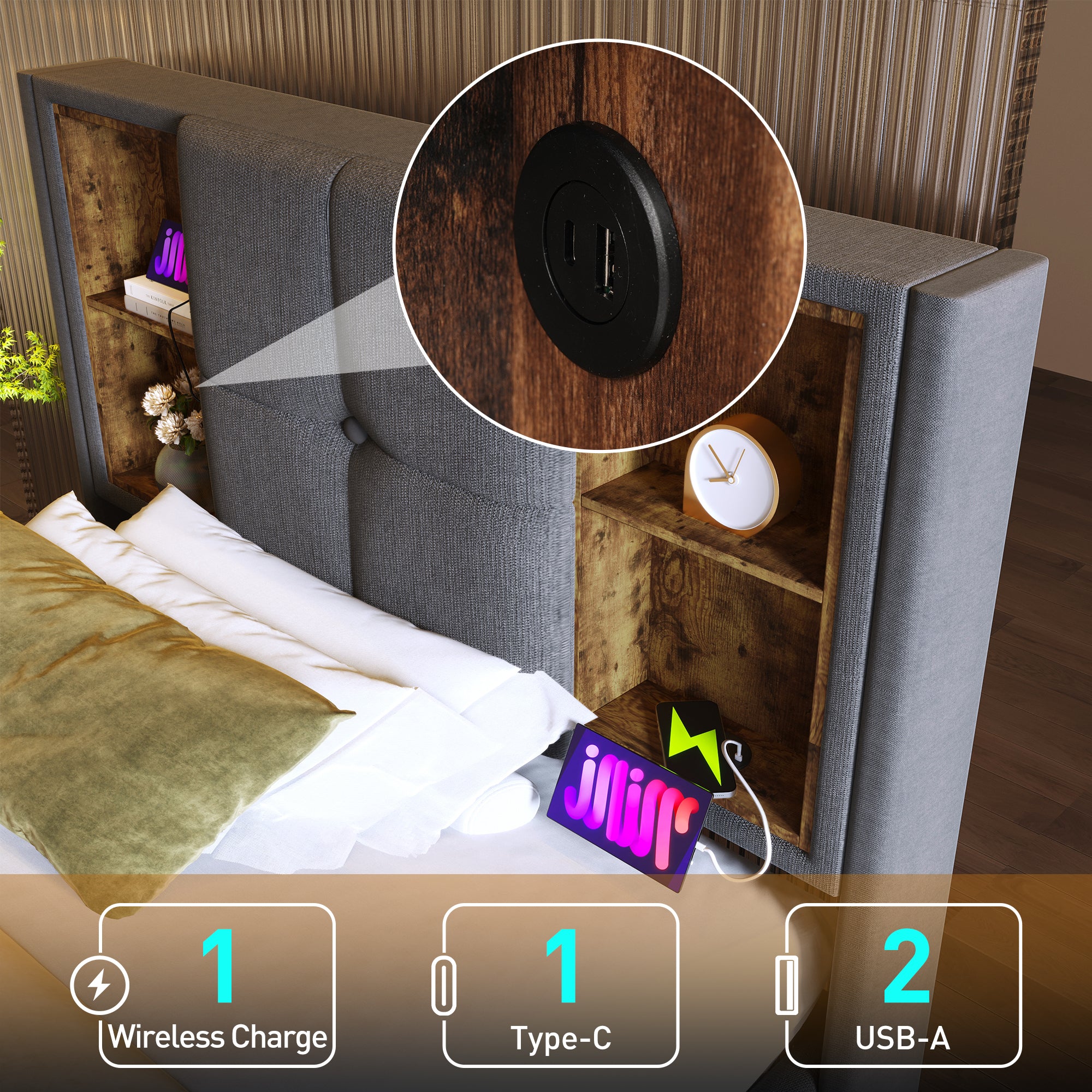 Single Bed with Wireless Charging & Storage, 90x200cm, Grey Cotton