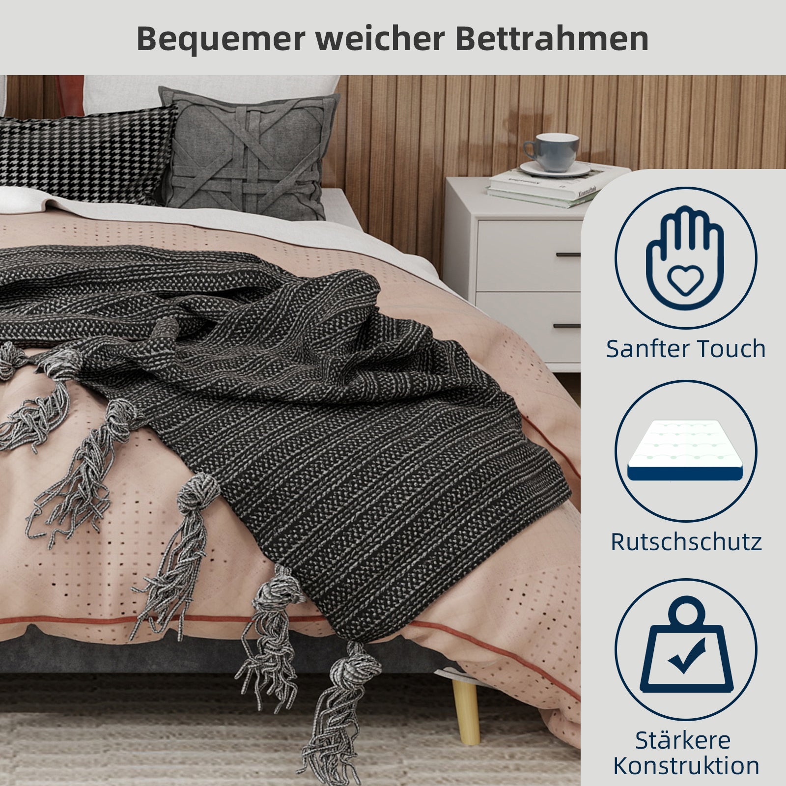 Modern Minimalist Bed Frame, 160x200 cm Low-Profile, Grey Dutch Velvet Fabric