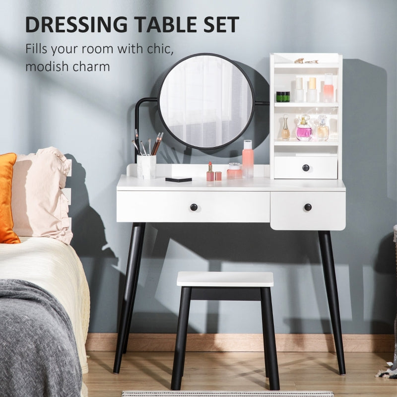 Dressing Table Set with Mirror, Stool, 3 Drawers and Open Shelves, White