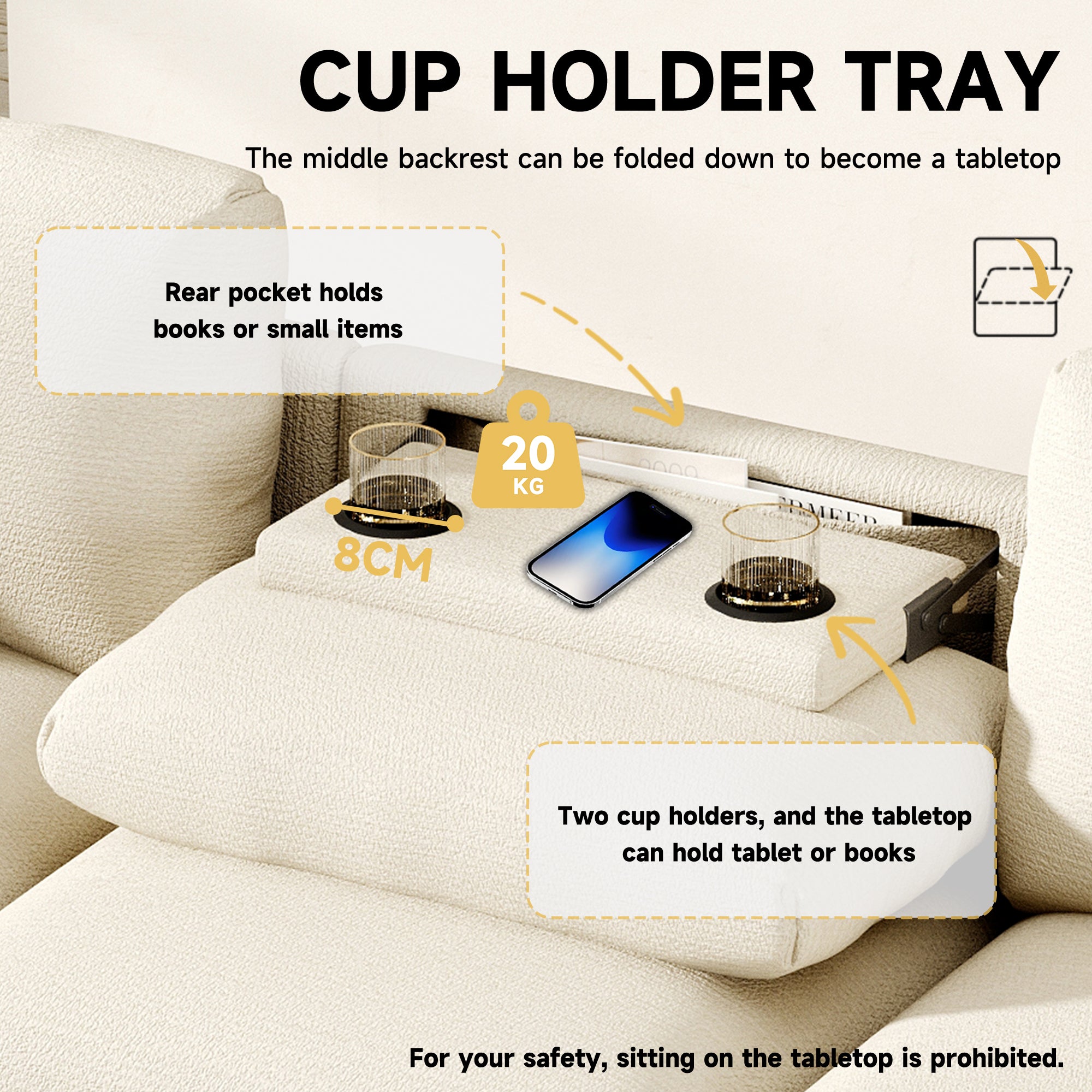 Modern Three-Seater Sofa, Folding Table USB Port Drink Holder Storage, Chenille