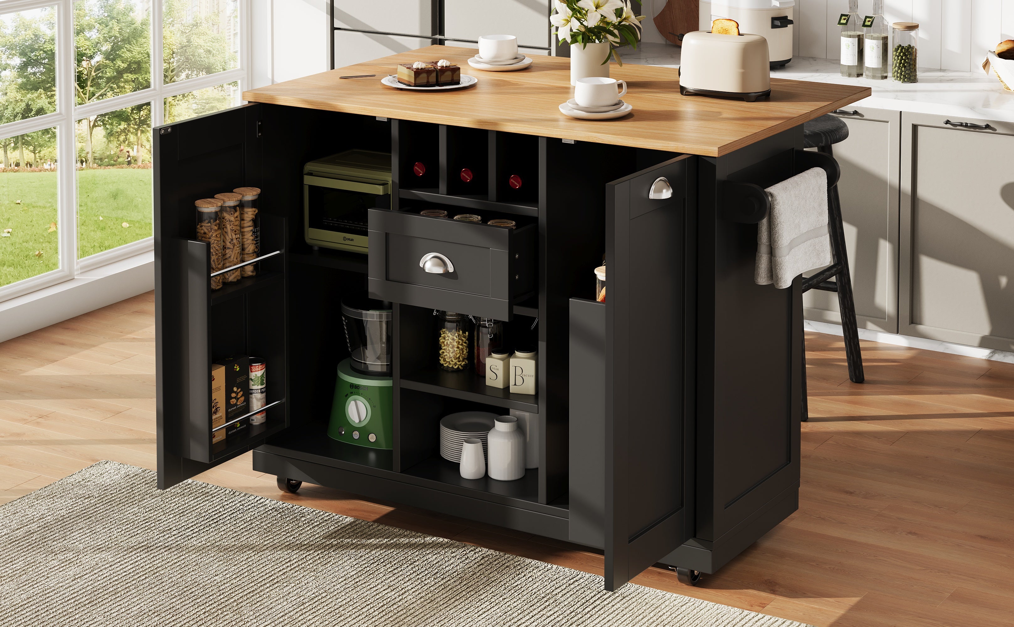 Kitchen Island Dining Trolley with Wine Rack and Casters, Black Wood Grain