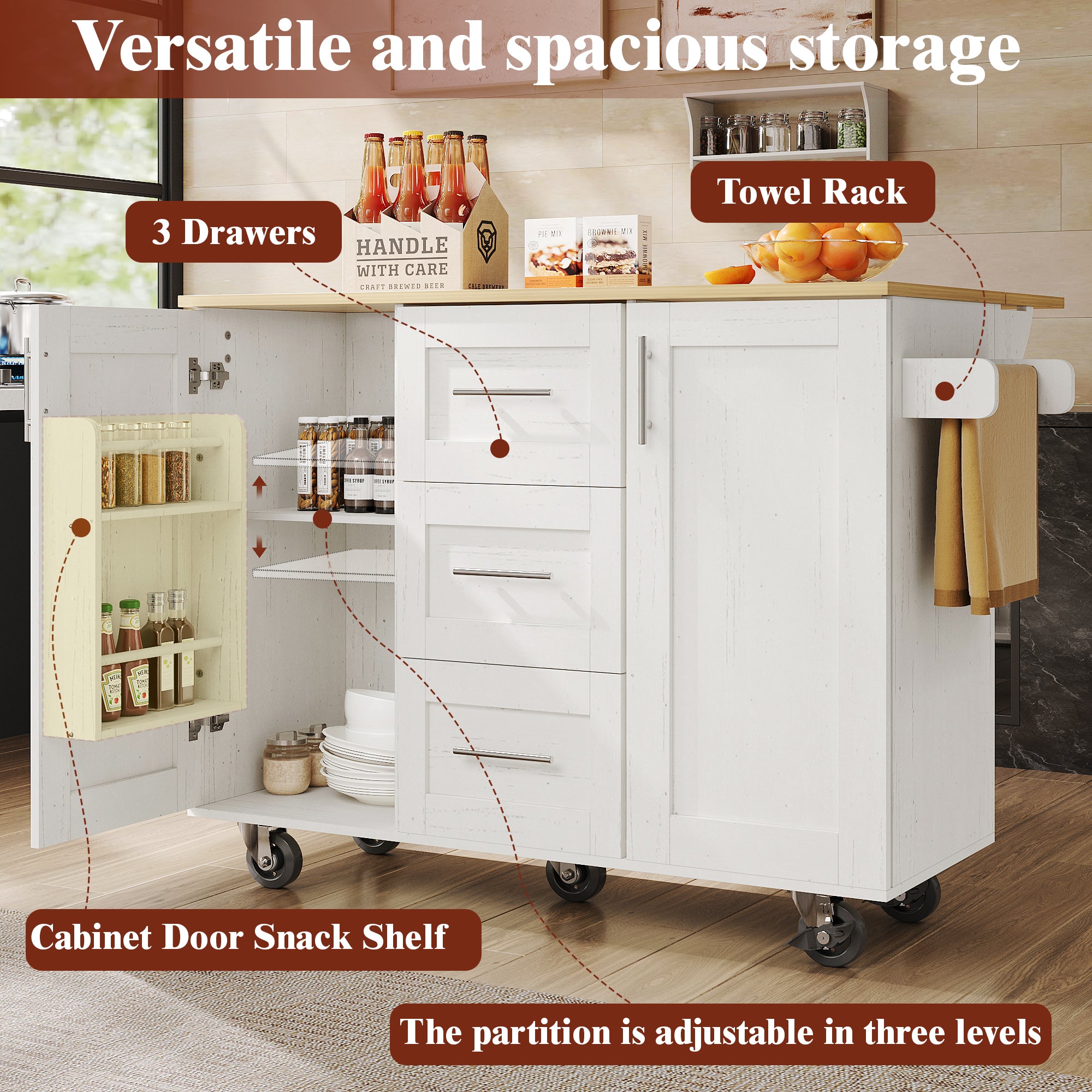 Kitchen Island Mobile Worktop Storage Removable Partitions - White
